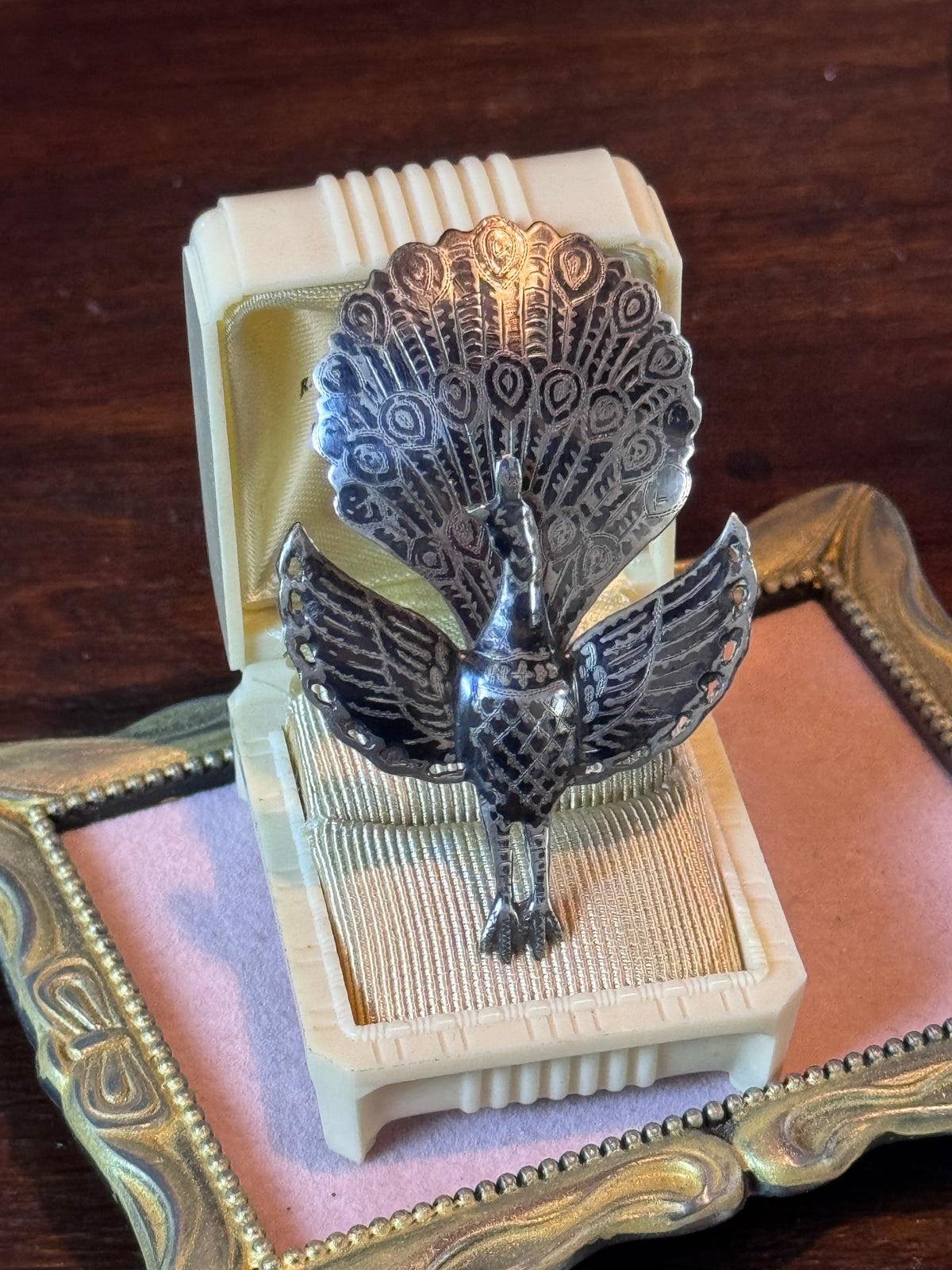 Vintage Siam Sterling Silver Peacock Brooch Articulated Niello Thailand