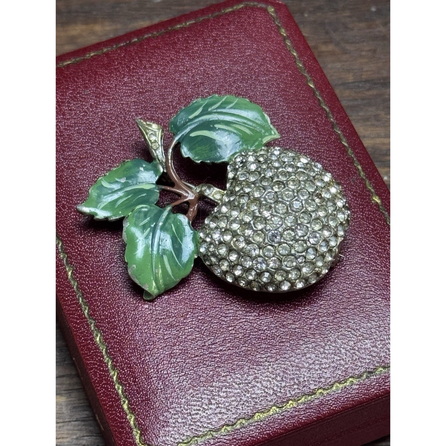 Vintage Rhinestone Apple Brooch Green Enamel Leaves Figural Fruit Pin