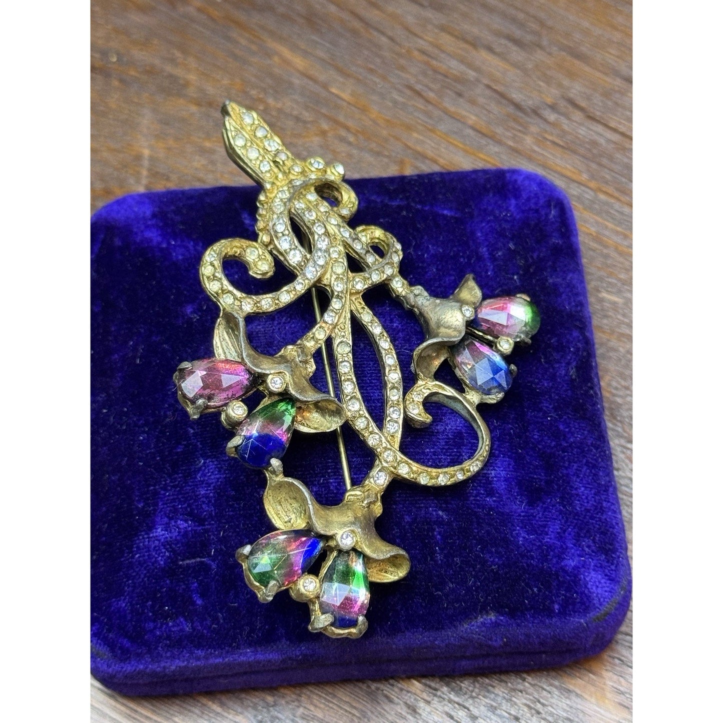 Vintage Brooch Pot Metal Floral Iris Watermelon Rhinestone Clear Paste Pin 3.75”