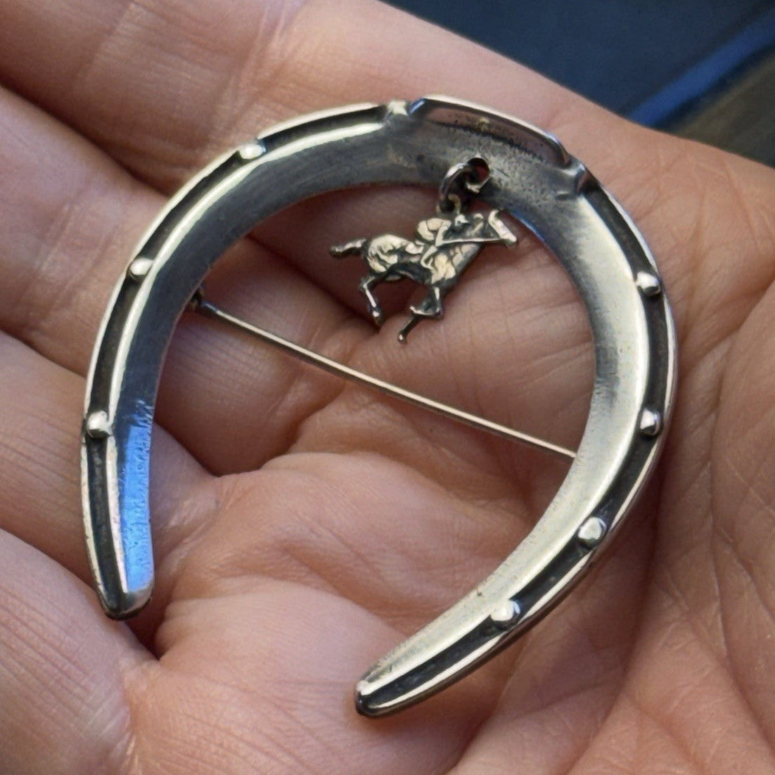 Sterling Brooch Horseshoe Horse Jockey Dangle Equestrian Racing Vintage 2”