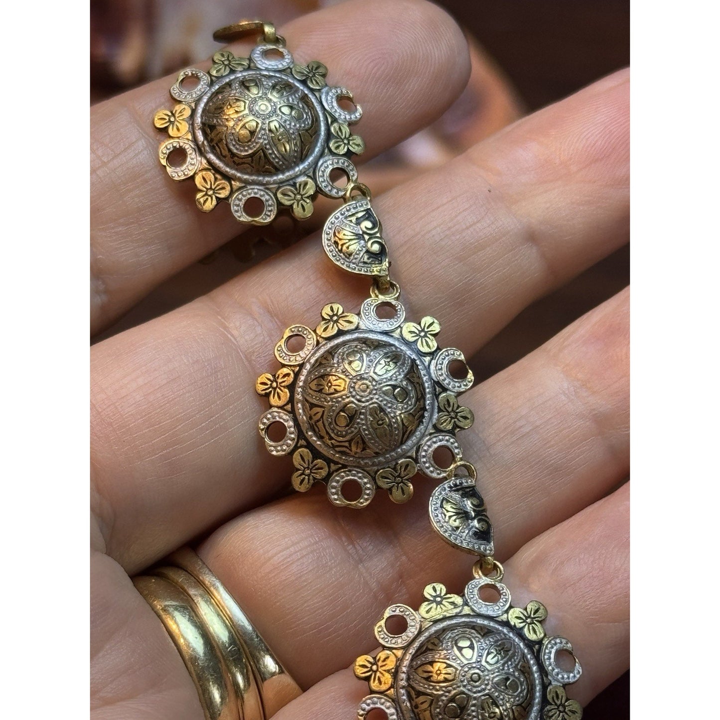 Vintage Damascene Necklace Toledo Spain Gold & Silver Tone Floral