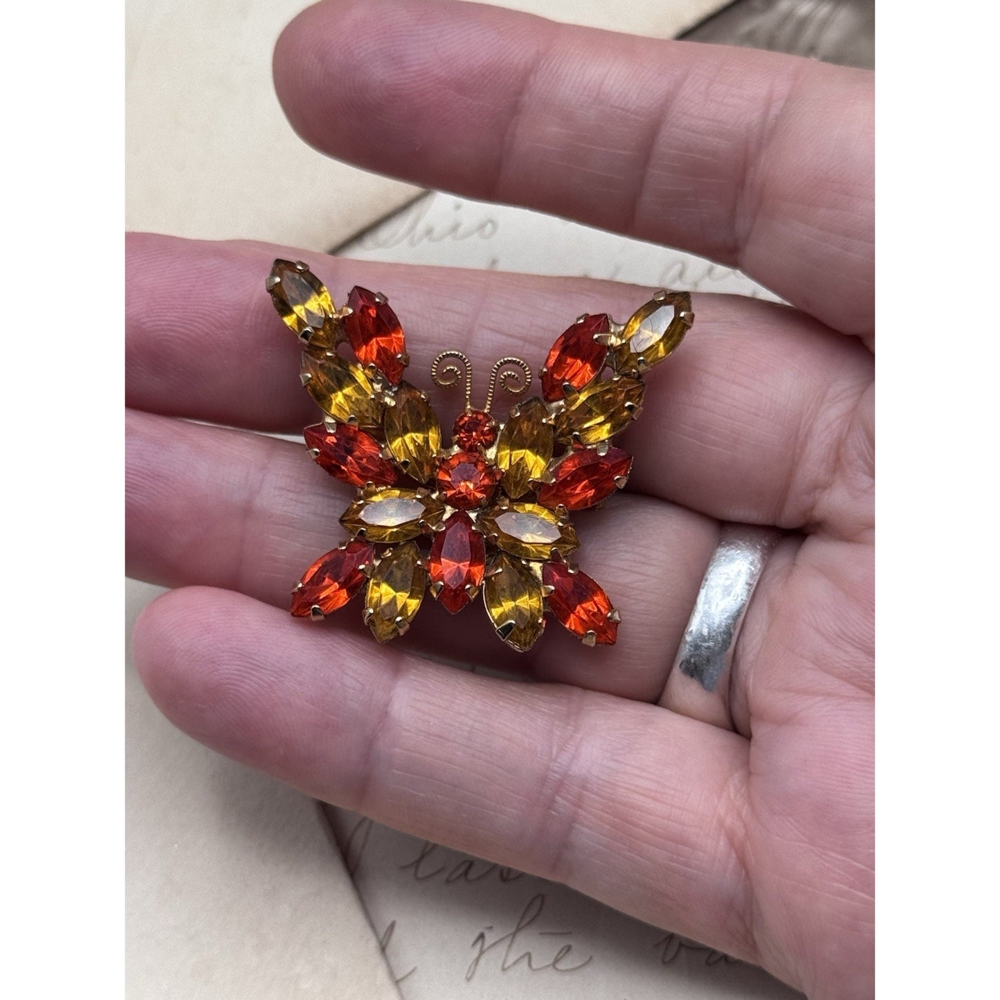 Park Lane Butterfly Brooch Rhinestone Burnt Orange Gold Signed 1.5” VINTAGE