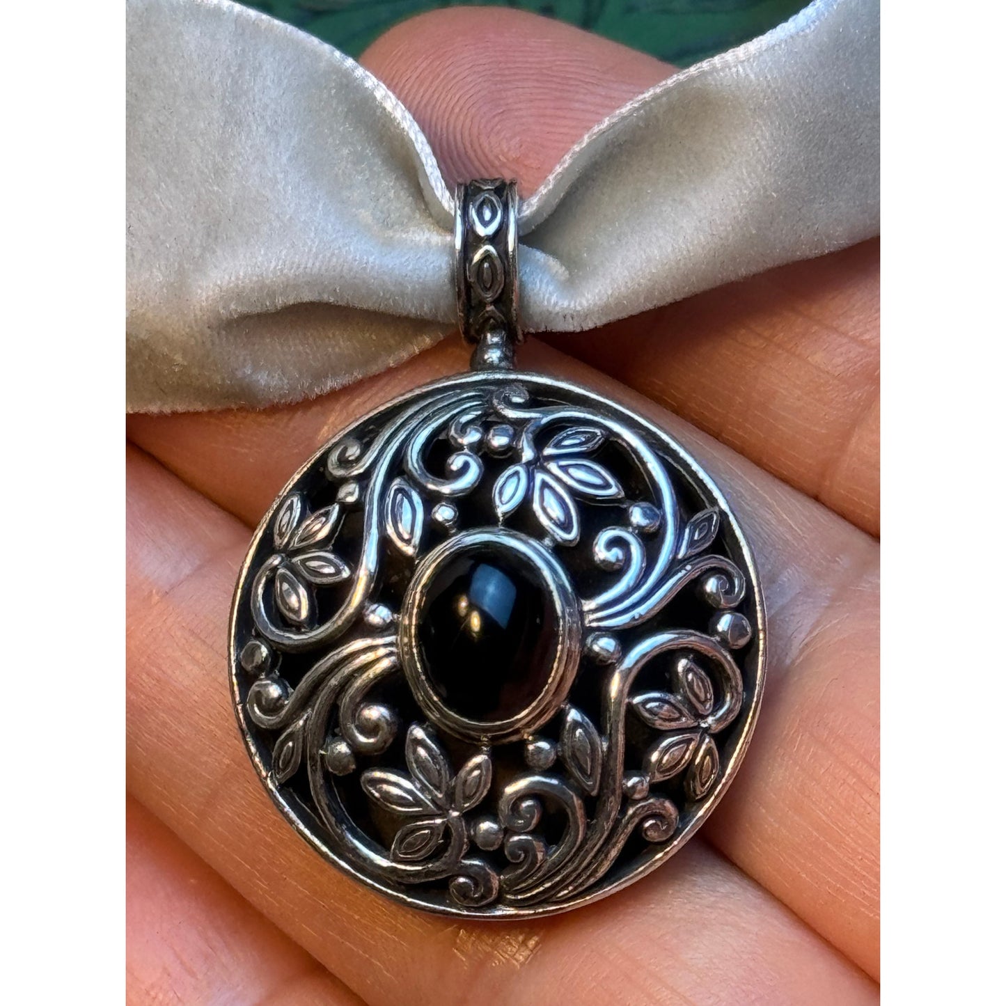 Sterling Silver Onyx Pendant Round Scrollwork Velvet Ribbon