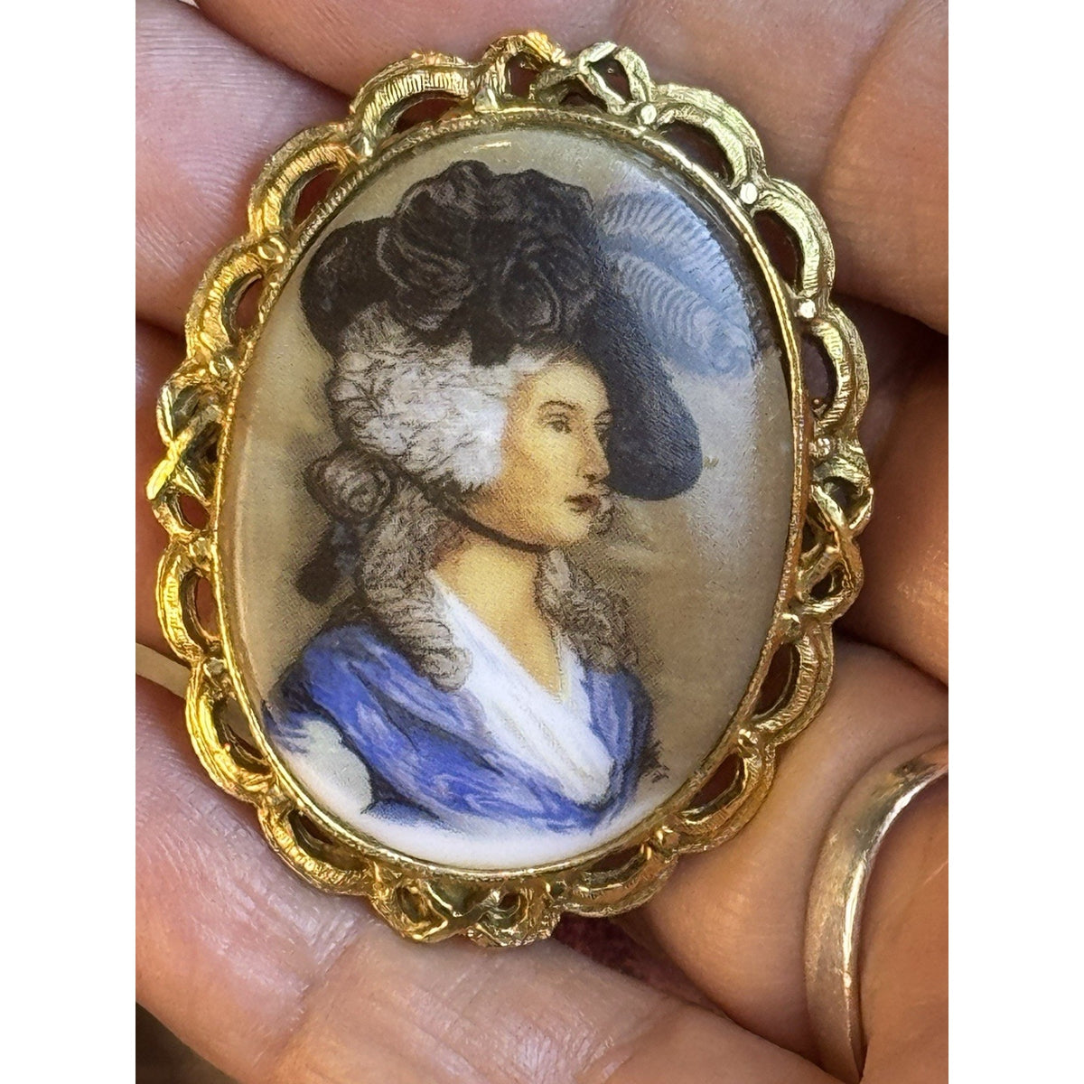 Lady Portrait Brooch VINTAGE Blue Dress Feather Hat Goldtone Oval Frame 2”