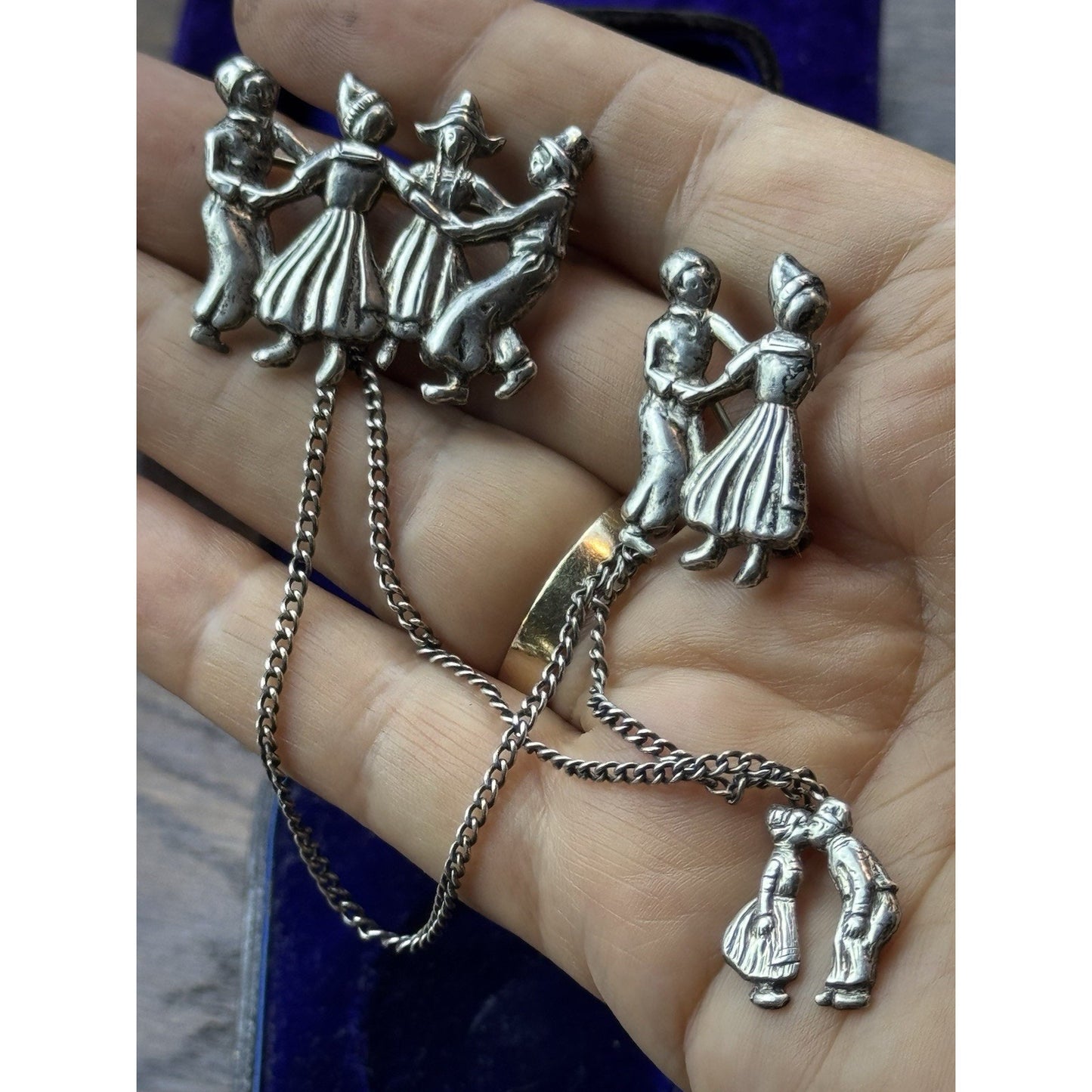 Vintage Dutch Dancers Chatelaine Brooch Silver Kissing Couple 1.38”