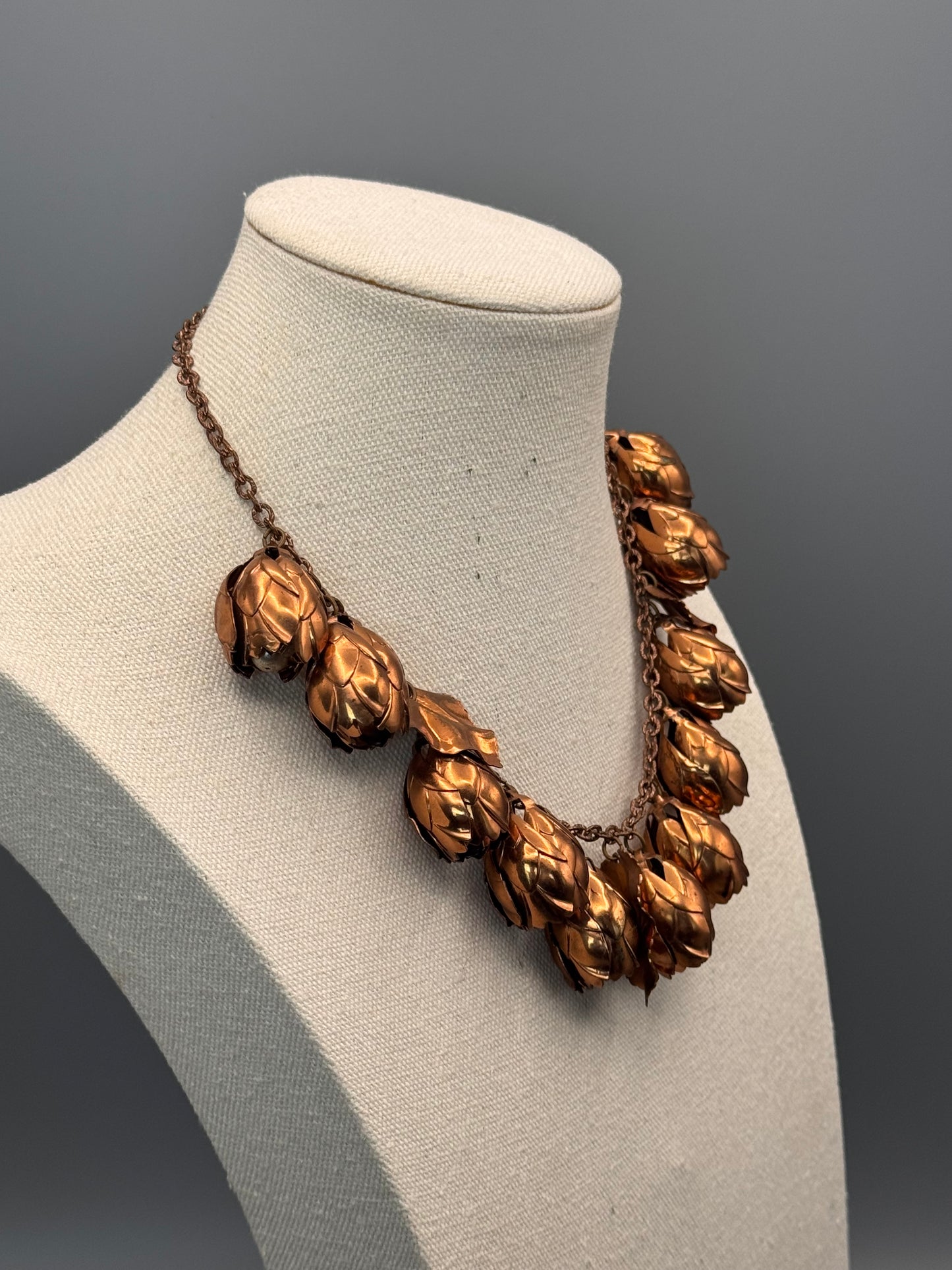 Vintage Copper Tone Floral Necklace Tulip Charm Statement 16”