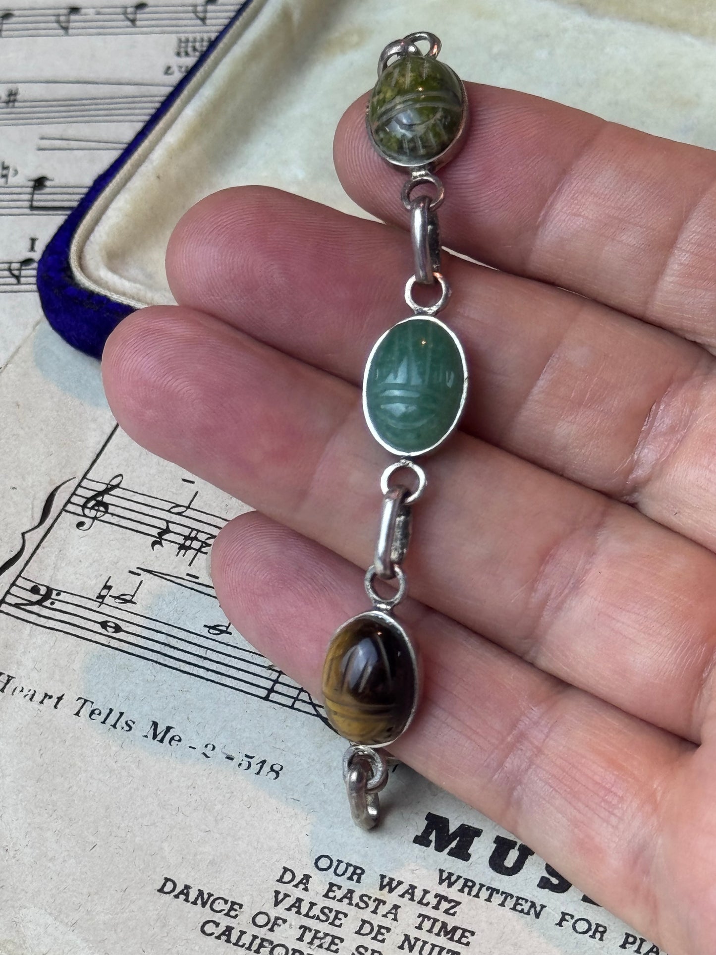 Vintage 925 Sterling Silver Scarab Bracelet Carved Stone 7” Egyptian Revival