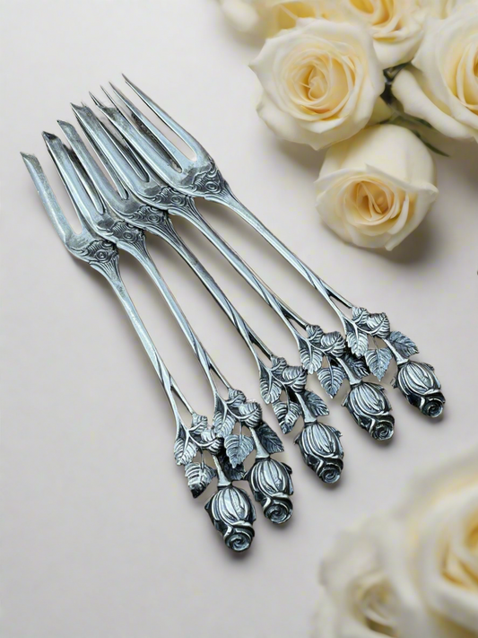 Antique Hildesheimer Rose 5 Pastry Forks  Marked 800 Sterling Crescent Moon Crown