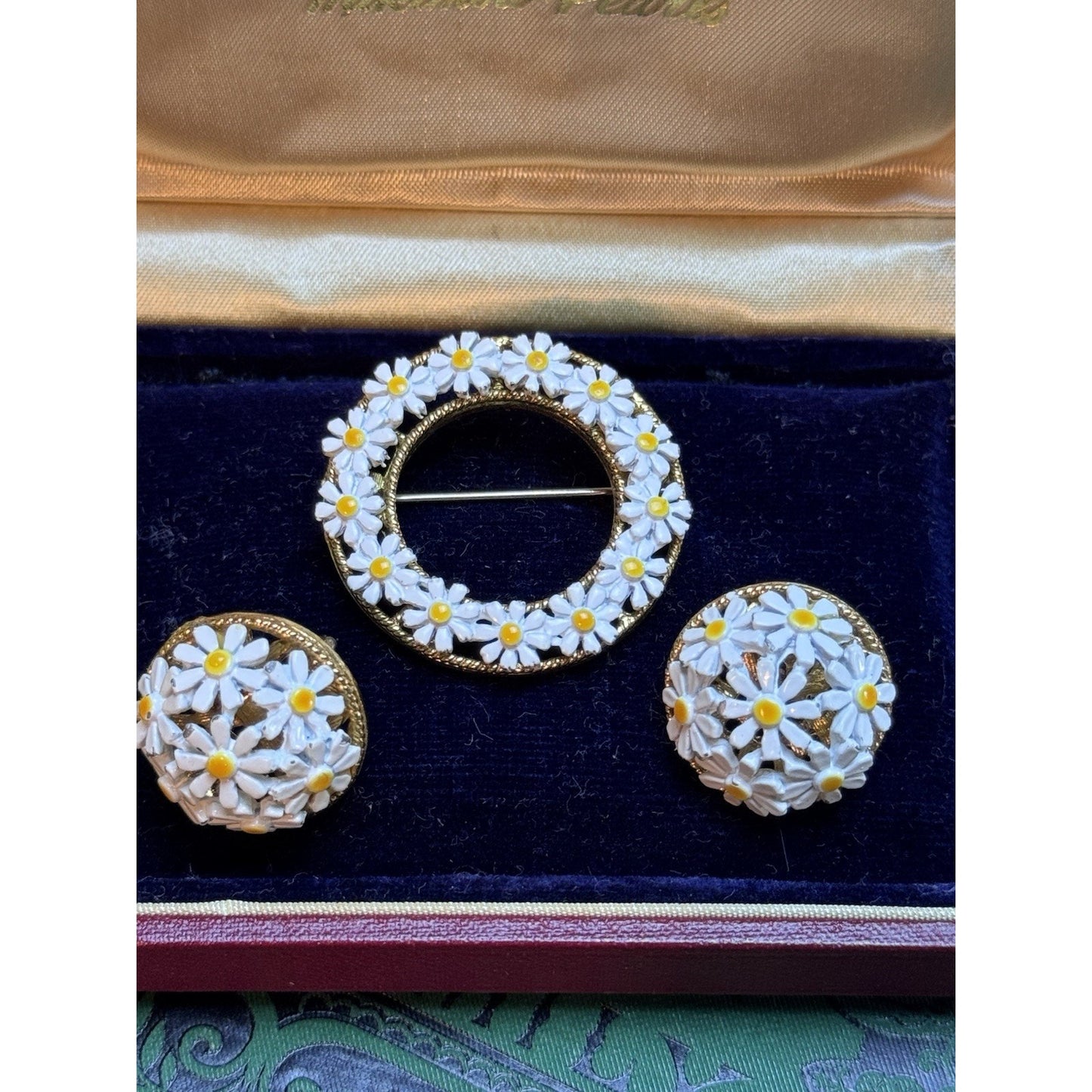 Vintage Daisy Brooch Earrings Set White Enamel Goldtone Clip On Patented