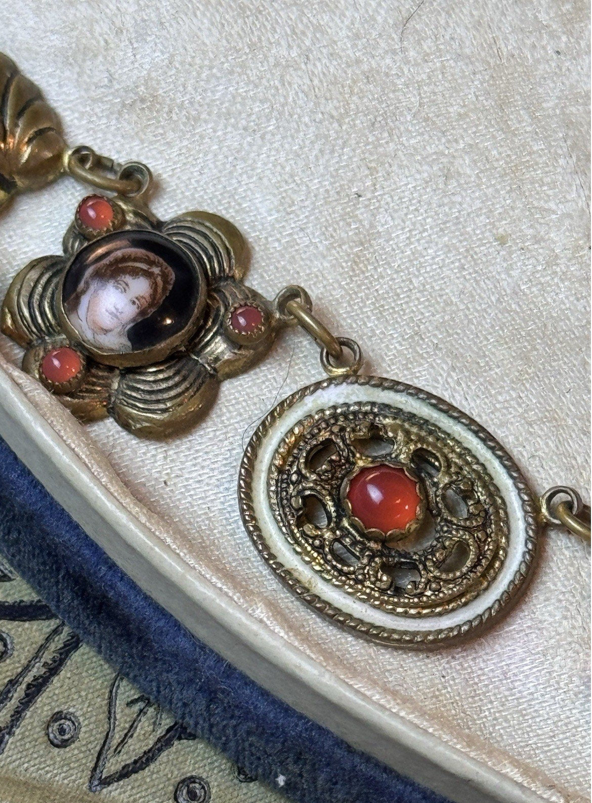 Victorian Revival Brass Necklace Portrait Links Coral Orange Glass Beads 16”