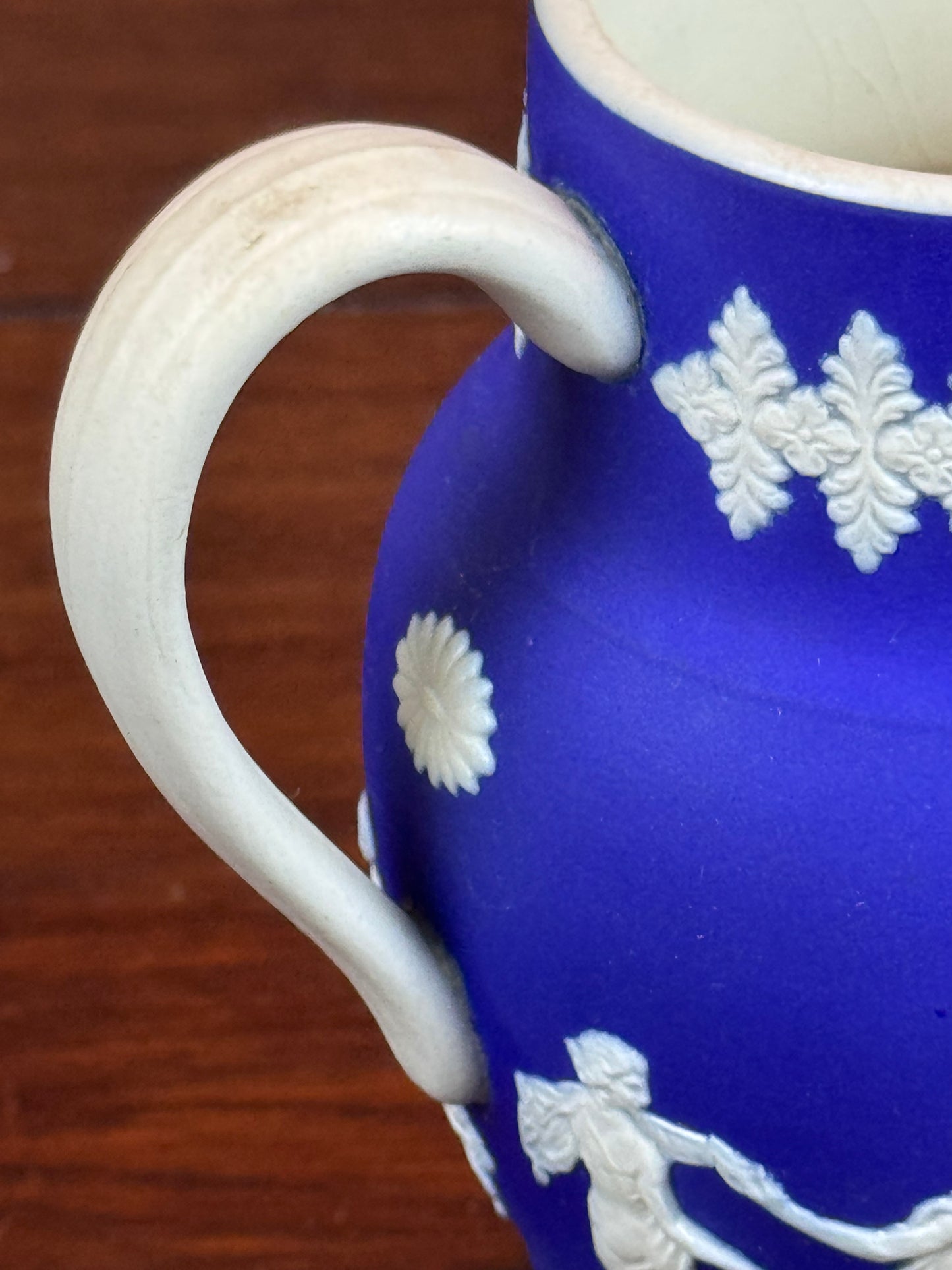 Vintage Dudson Hanley Jasper Ware Pitcher Jug Cobalt Blue Dancing Figures 5.5”
