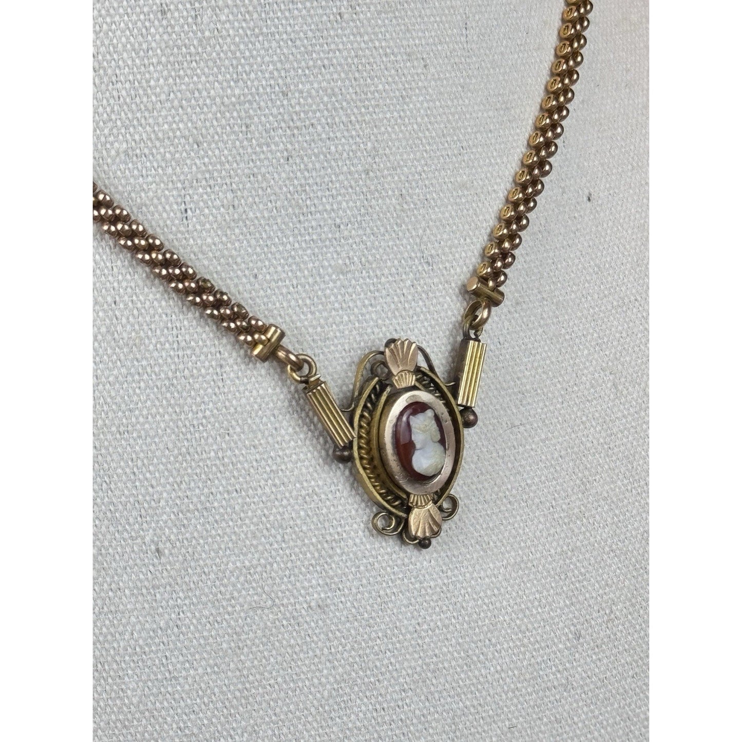 Antique Gold Filled Cameo Necklace Victorian Edwardian Ornate Filigree 18.5”