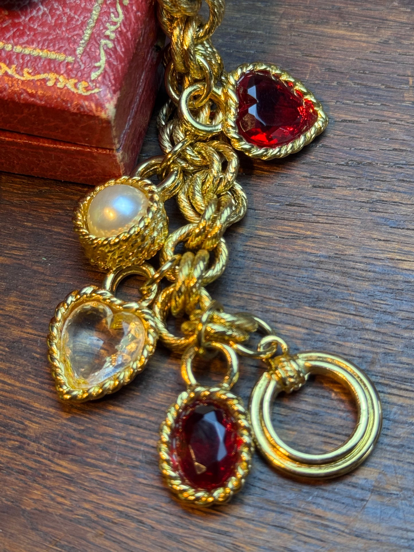 1980s Vintage Charm Bracelet Chunky “Givenchy” Attributed Unsigned Gold Tone Designer Style 6.5” with 7 Charms