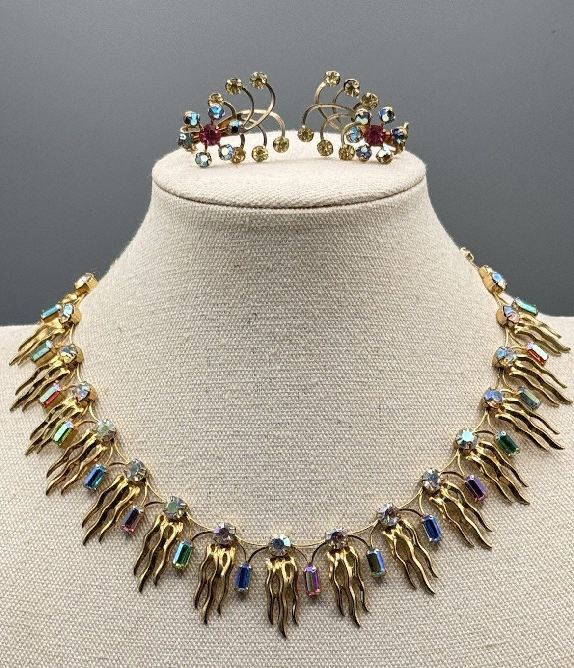 Mid Century Rhinestone Necklace Earrings Set Multicolor AB Goldtone 16”