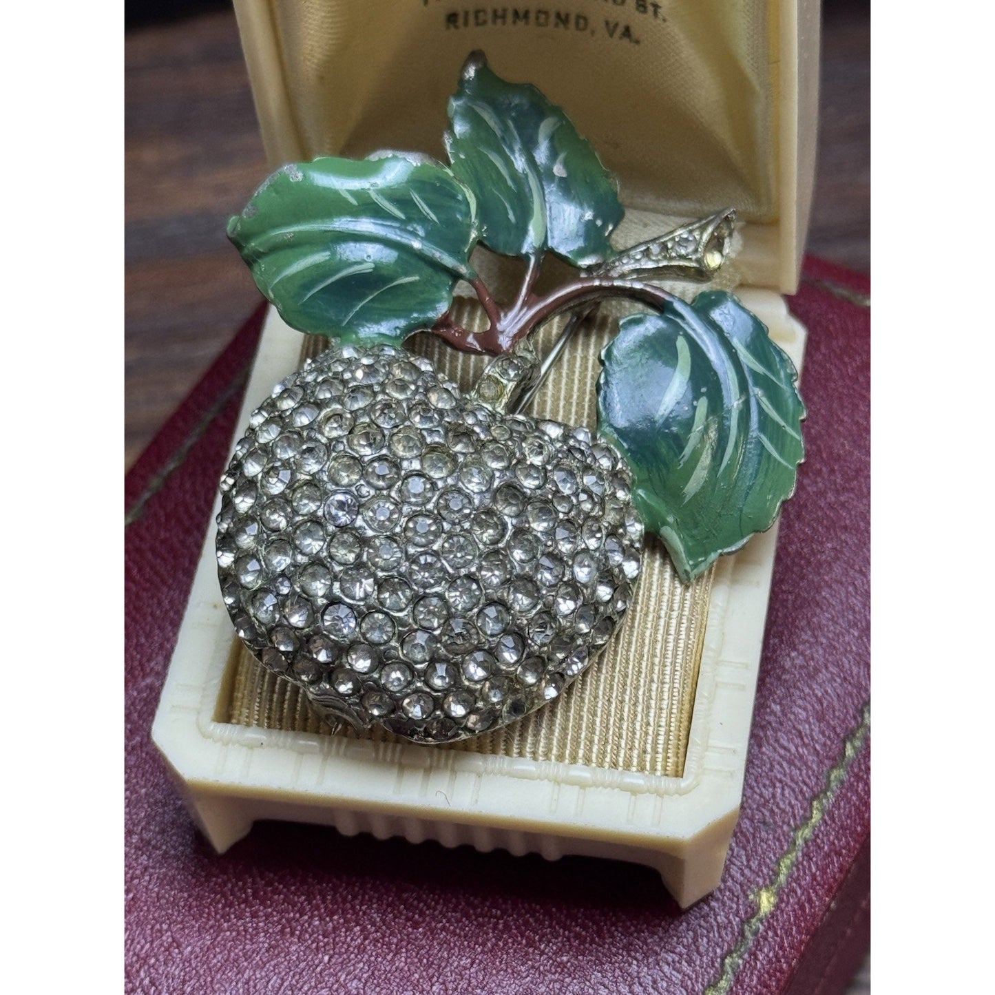 Vintage Rhinestone Apple Brooch Green Enamel Leaves Figural Fruit Pin