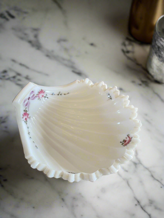 Vintage Milk Glass Shell Dish Bowl Hand Painted Roses & Bow