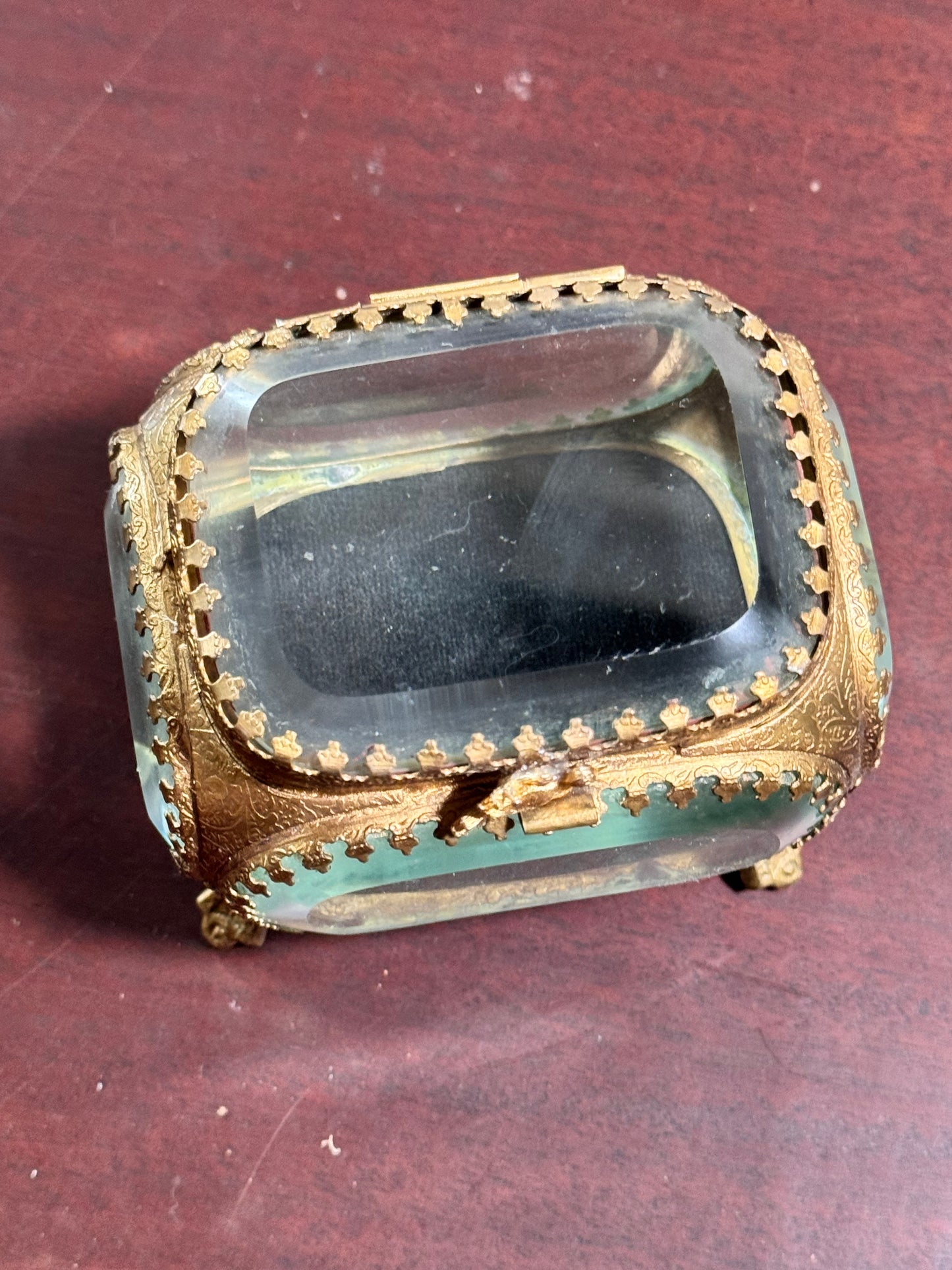 Jewelry Casket Box Antique Beveled Glass Ormolu Vanity Trinket Box 3.5”