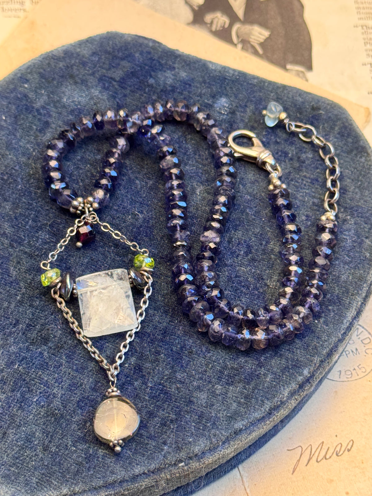 Amethyst Beaded Necklace Faceted Purple Beads Multicolor Drop Pendant 17.5”