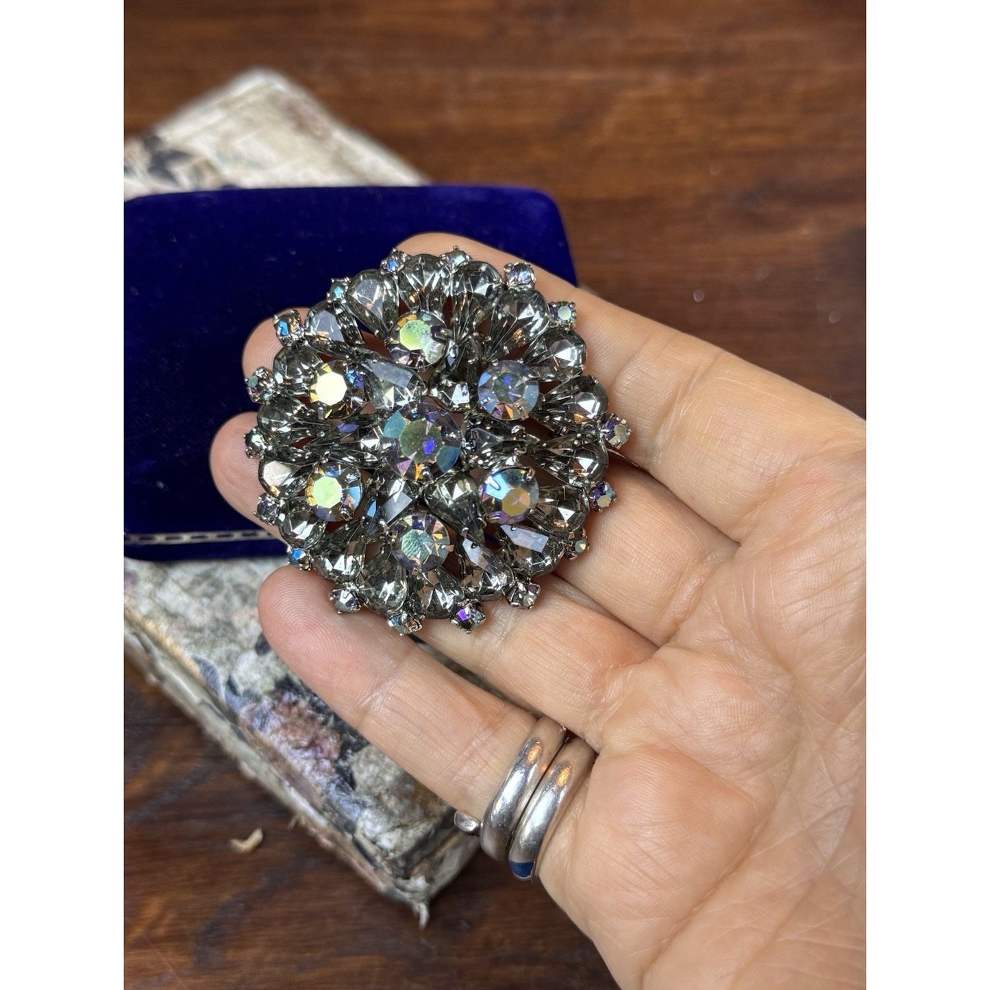 Vintage Smoky Gray AB Rhinestone Statement Brooch 2” Layered Floral Cluster