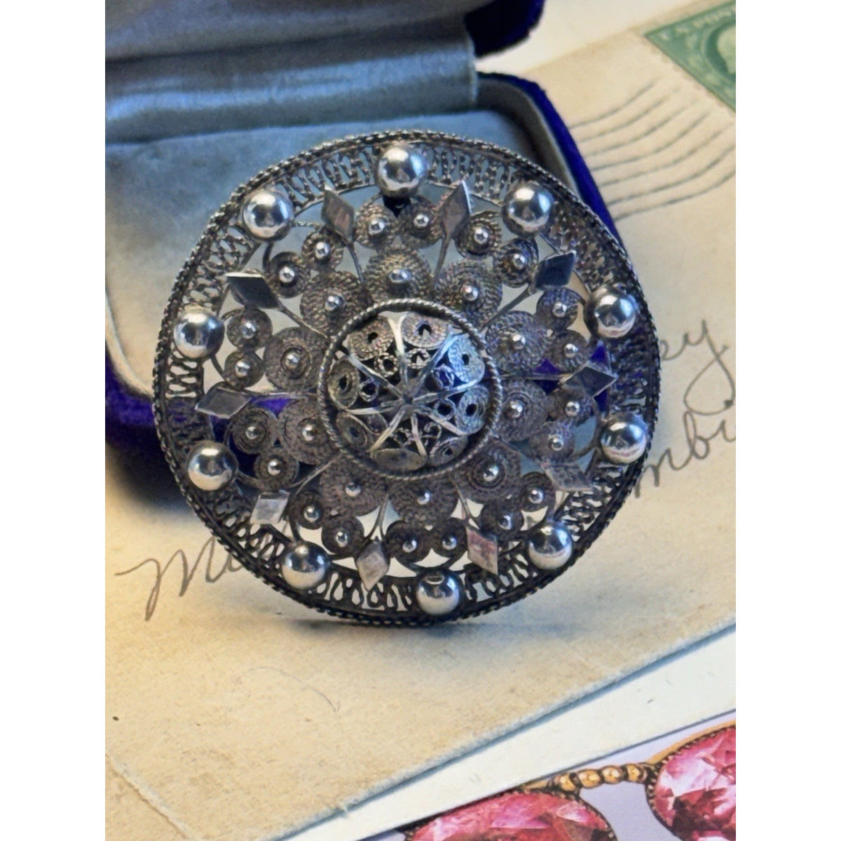 990 Silver Cannetille Filigree Brooch Antique Style Round Statement Pin 1.75"