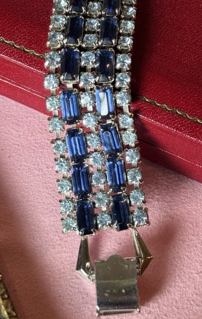 Vintage Bracelet Blue Rhinestone 5 Rows-3 Ice Blue 2 Dark Blue Silvertone 6”