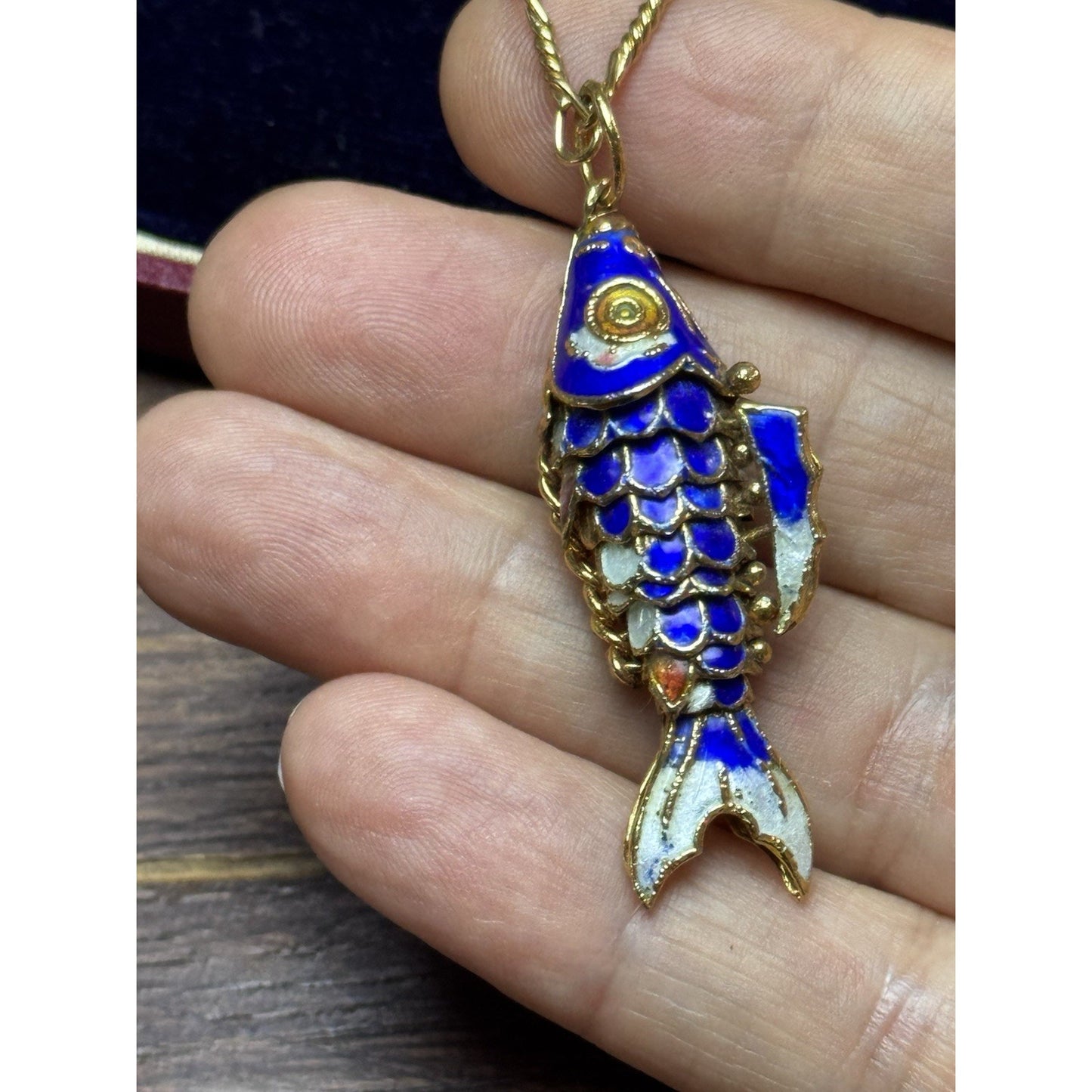 Articulated Koi Fish Pendant Necklace Blue Enamel Goldtone 28” Monet Chain