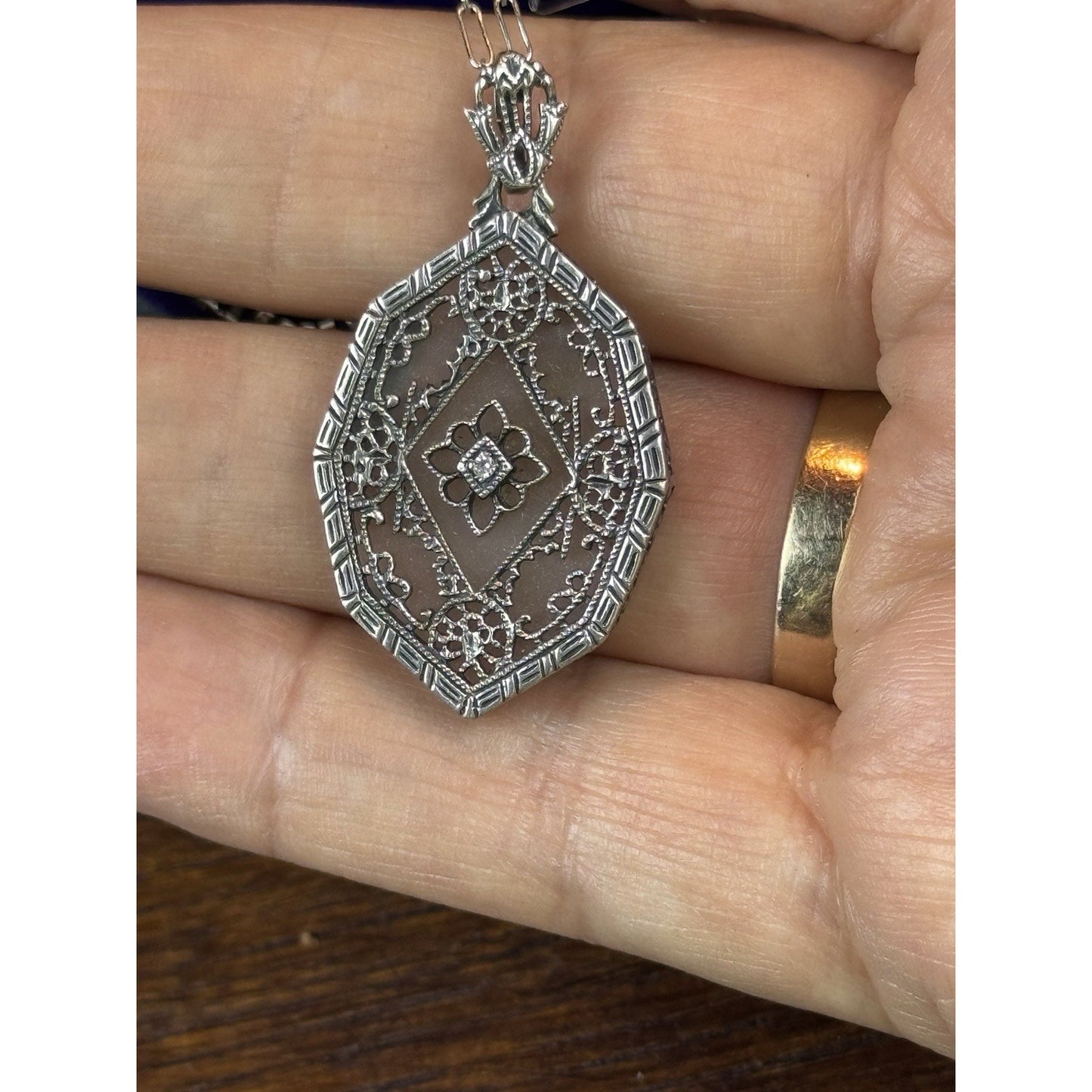 Sterling Camphor Glass Necklace Art Deco Style Filigree Pendant 19”