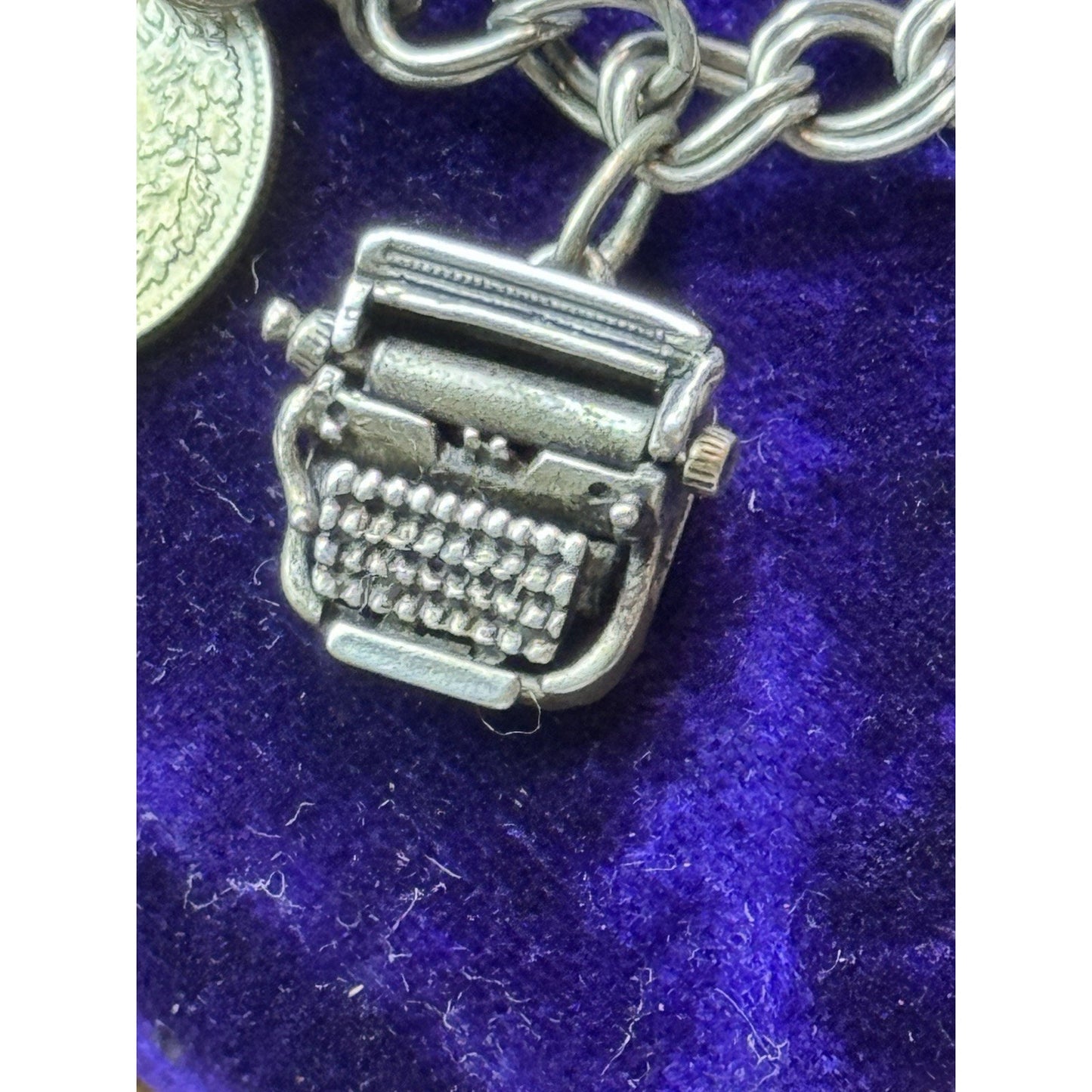 Sterling Silver Charm Bracelet 11 Charms Mechanical Typewriter 1960s 6.75”