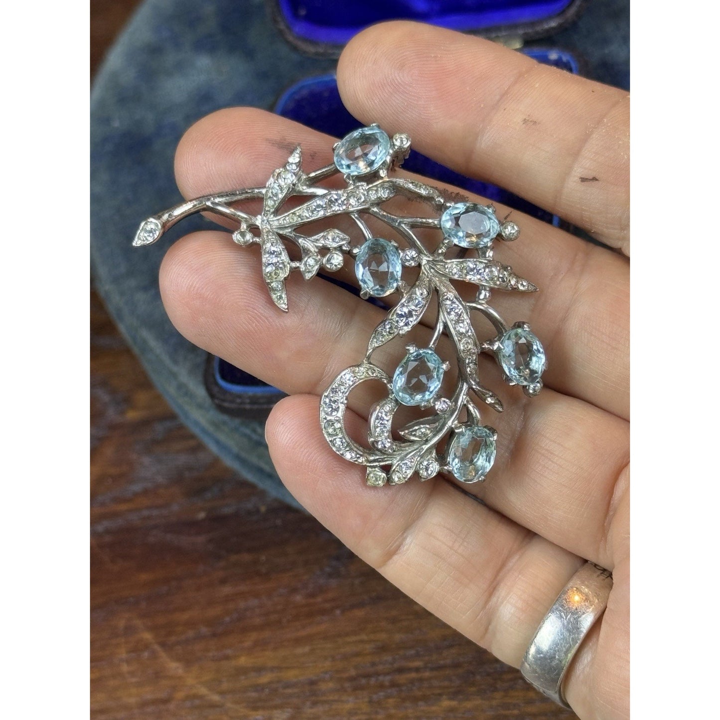 Vintage Trifari Sterling Brooch Aqua Blue Clear Rhinestone Floral Spray 2”