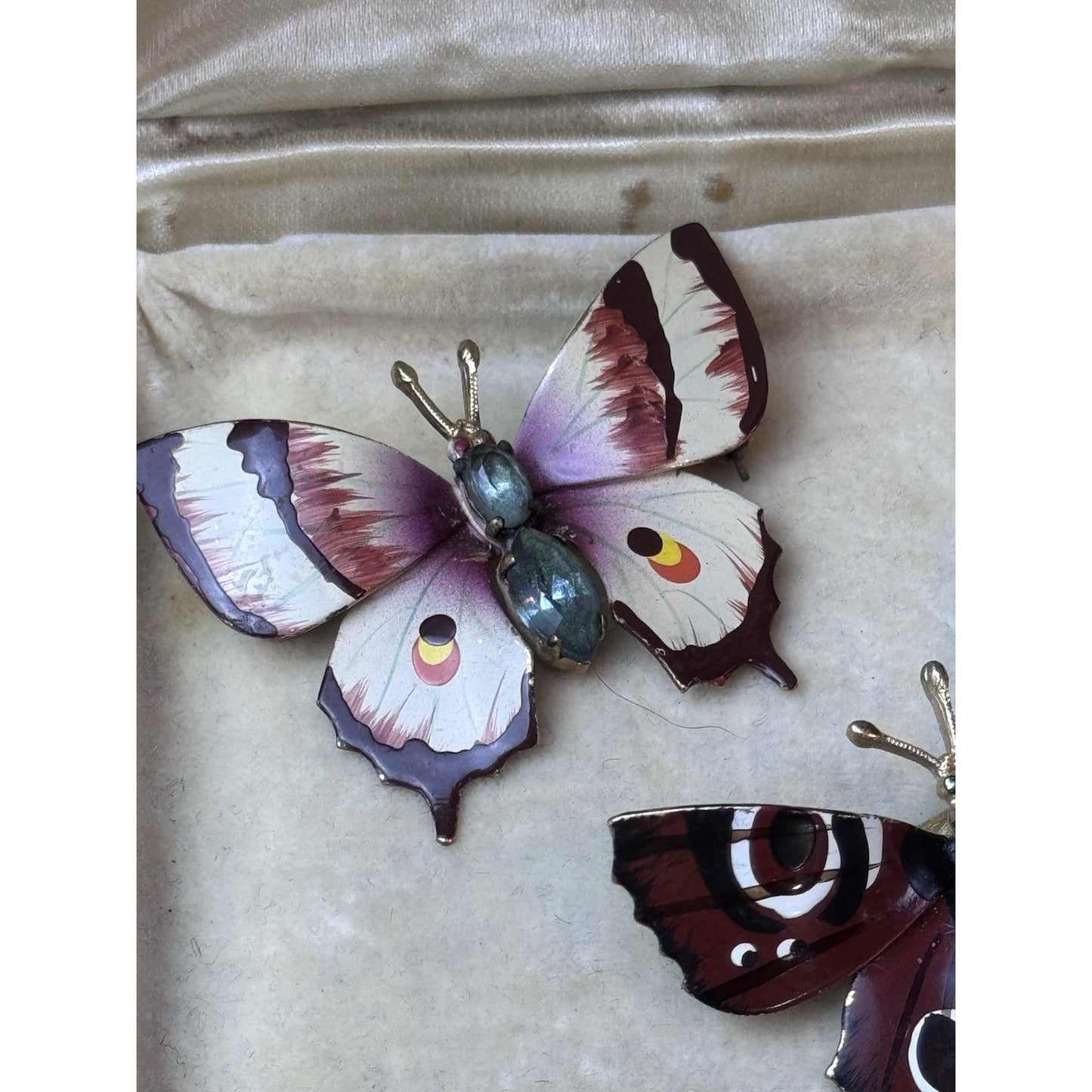 Vintage Butterfly Brooch Pair Hand Painted Enamel Rhinestone Moth Pins 1.75”