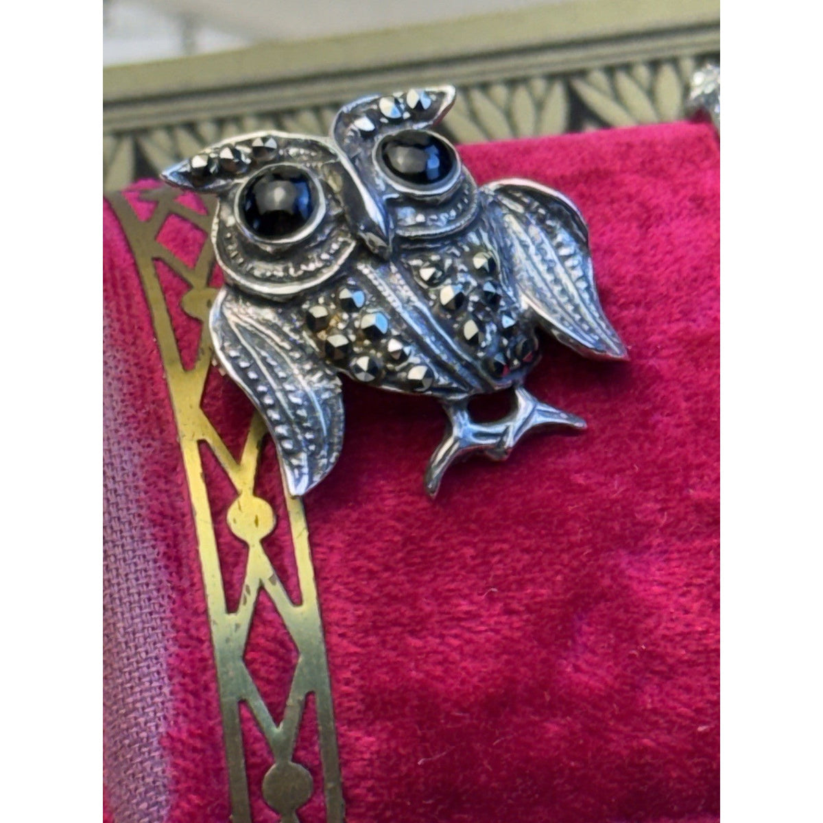 Owl Brooch Sterling Silver Marcasite Black Onyx Eyes Detailed Bird Pin 1”