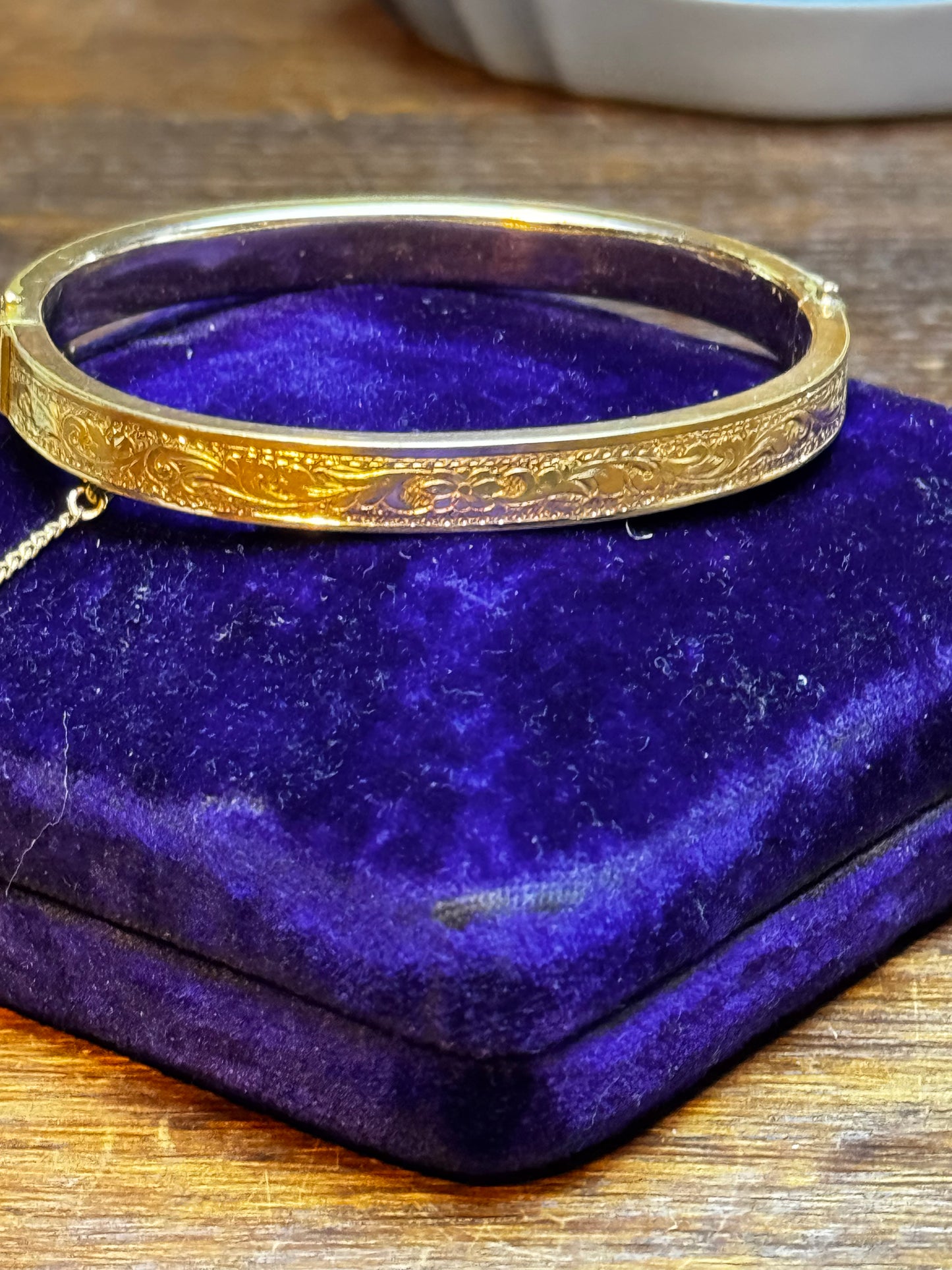 Antique Gold Filled Hinged Bangle Bracelet Safety Chain Engraved 6.5”