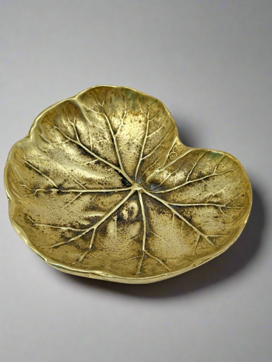 Heavy Solid Brass Geranium Trinket Dish Virginia Metalcrafters Copyright 1948