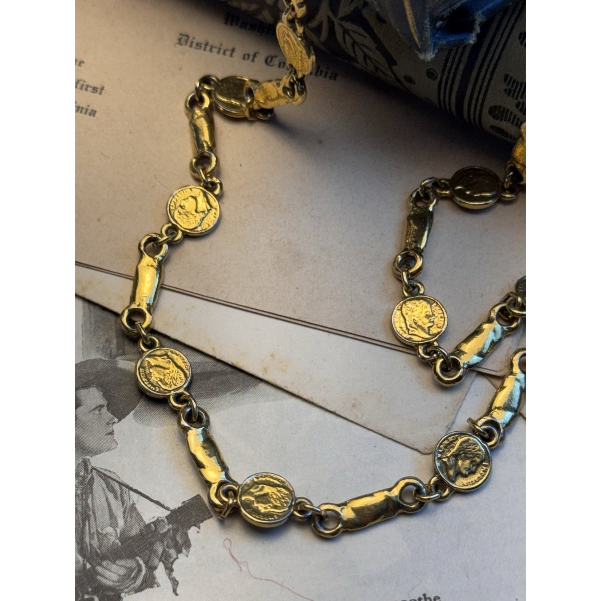 Goldtone Necklace Napoleon Coin Bar Link Chain Vintage Long Layering Sautoir 62”