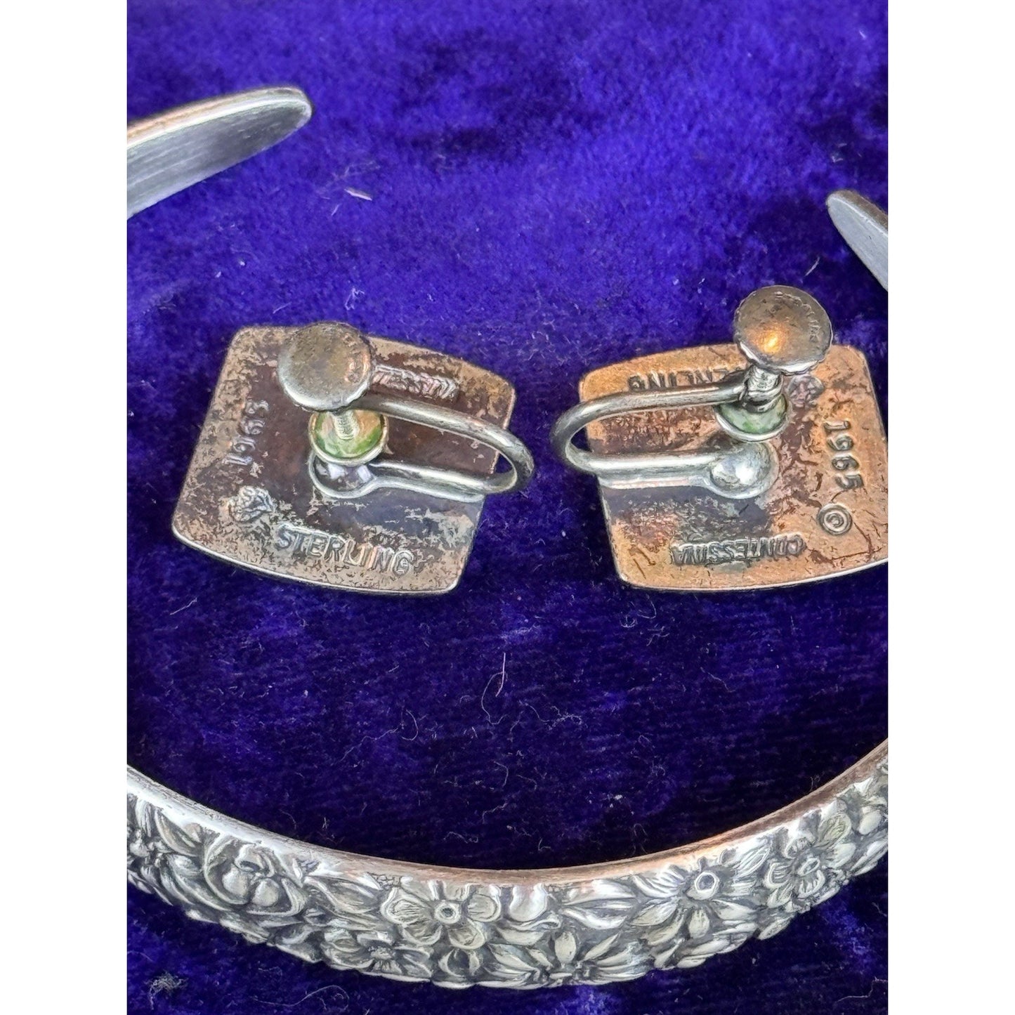 Vintage Sterling Silver Bracelet Earrings Set Contessina 1965 Floral Repoussé