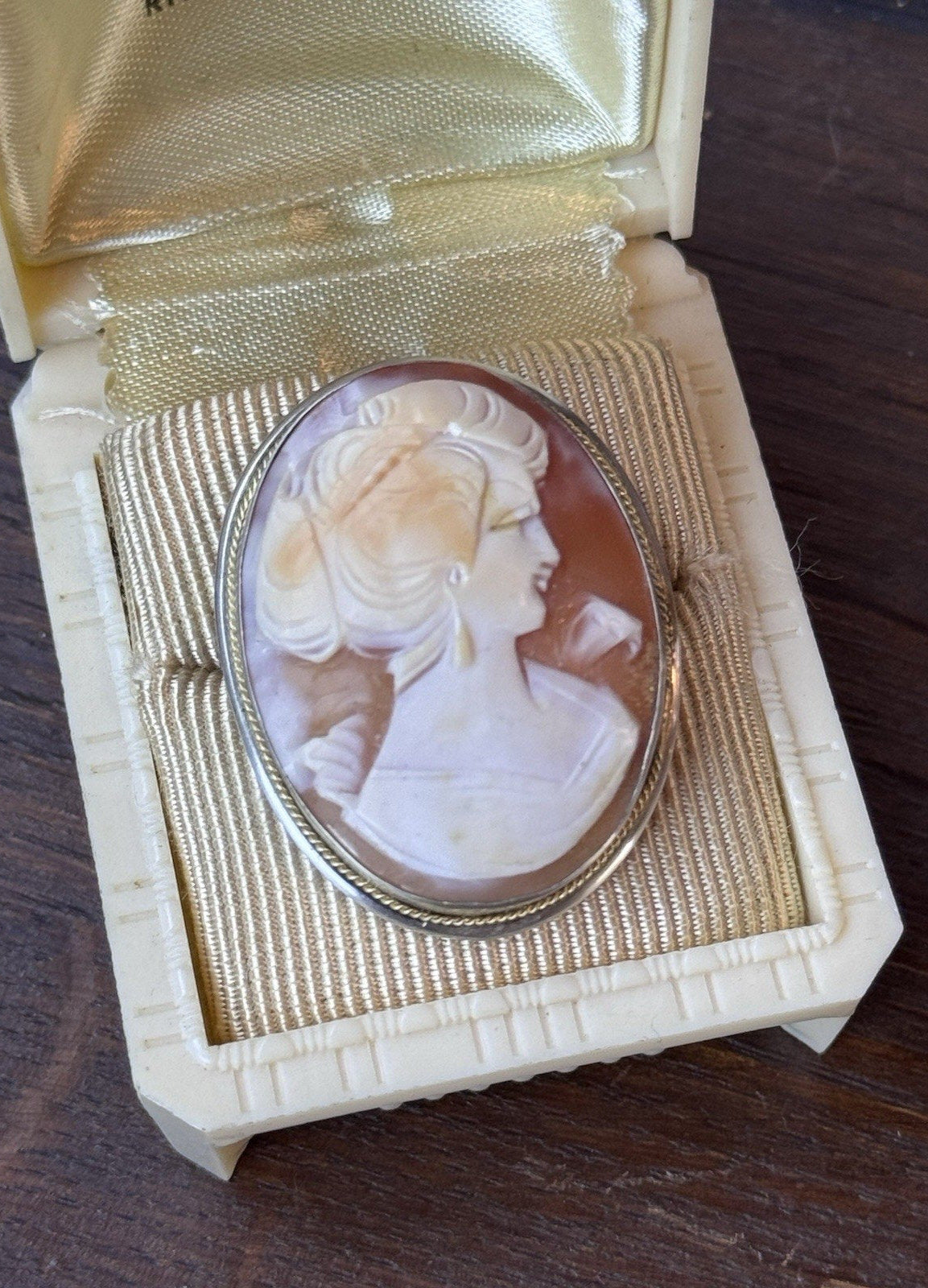 Vintage 800 Silver Shell Cameo Brooch Pendant Hand Carved Lady 1.25”