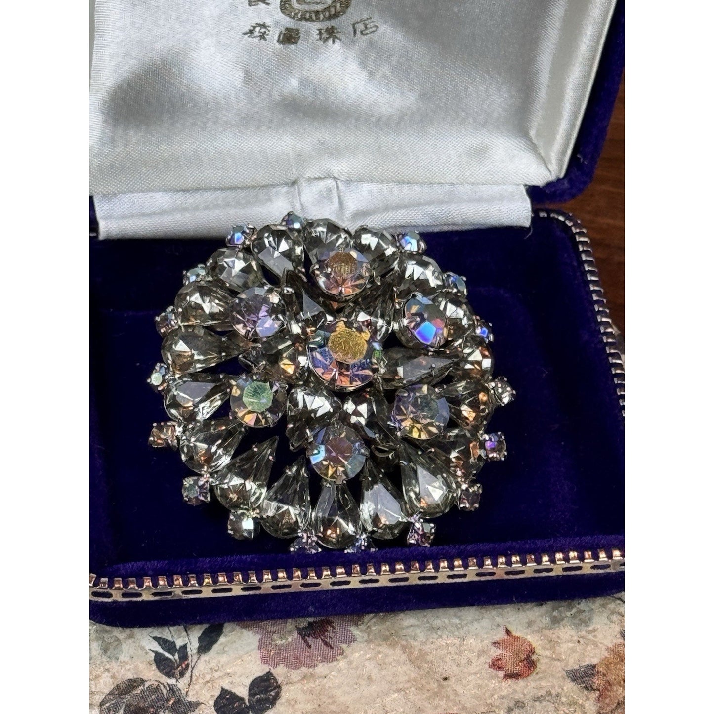 Vintage Smoky Gray AB Rhinestone Statement Brooch 2” Layered Floral Cluster