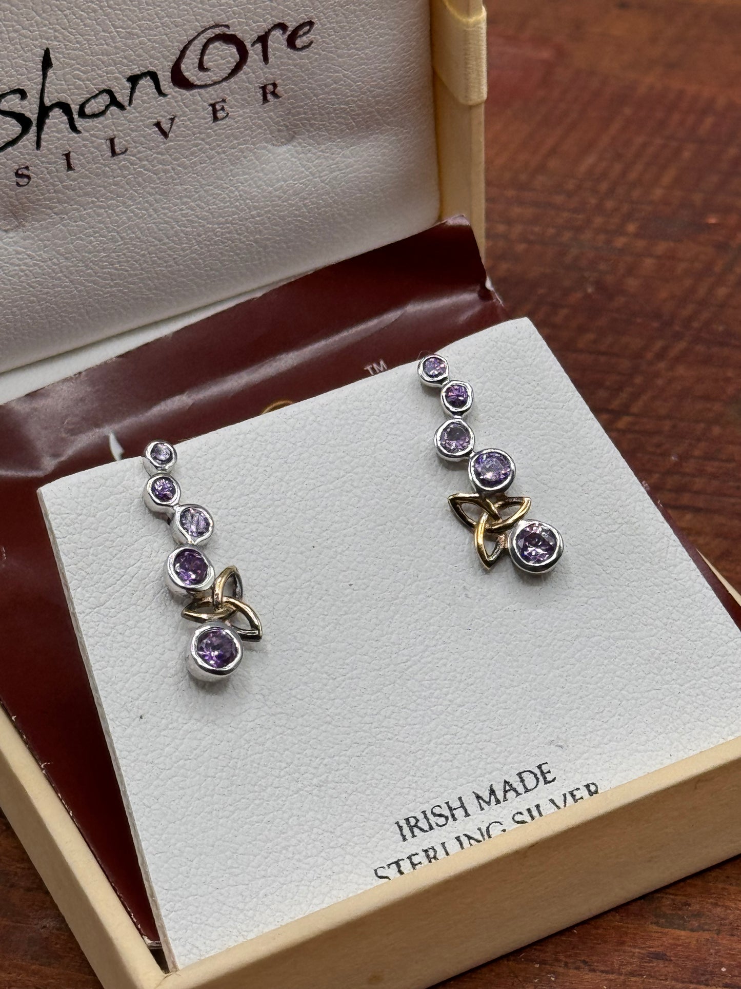 ShanOre Irish Sterling Silver Amethyst Trinity Knot Drop Earrings
