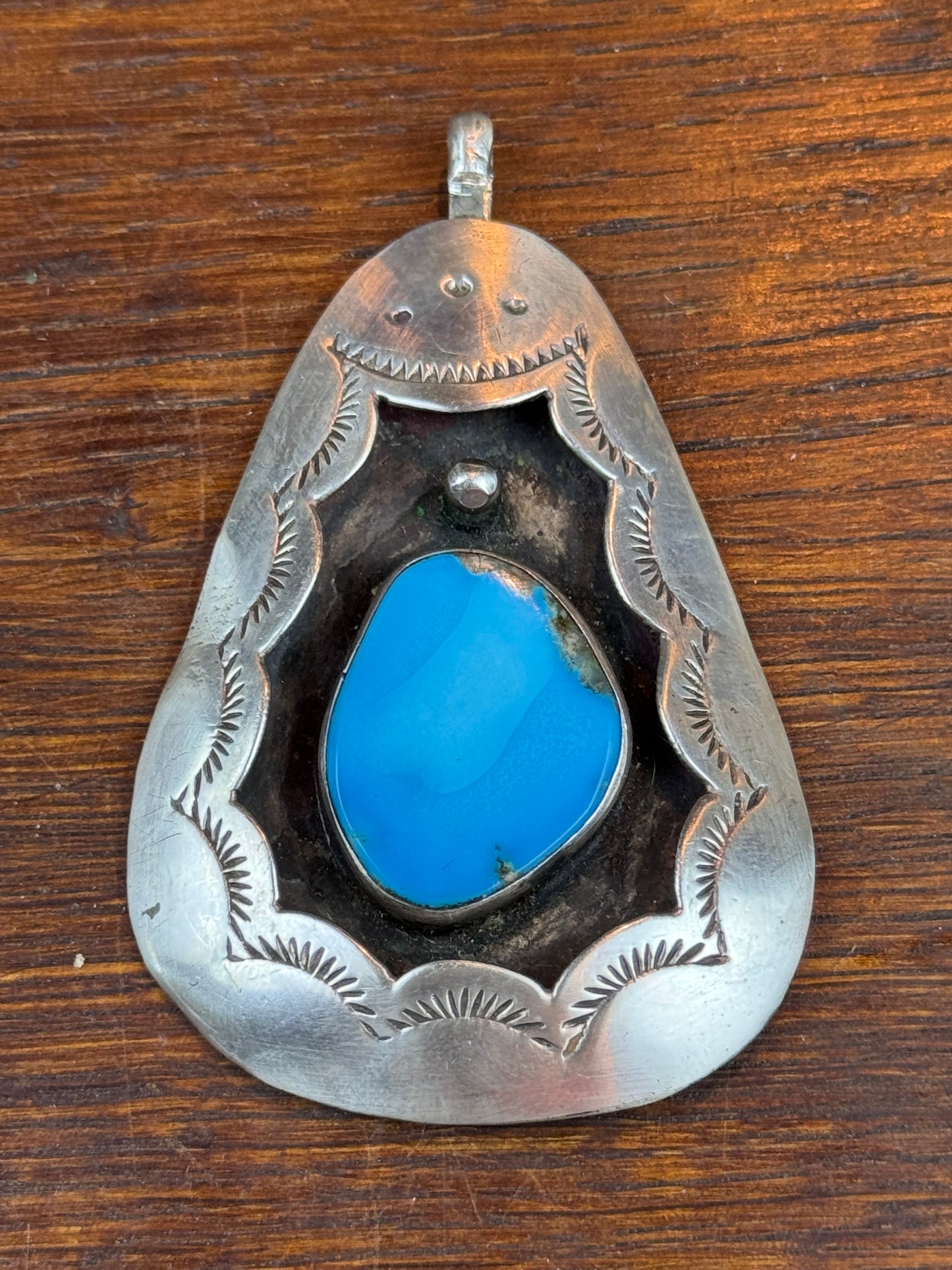 Vintage Silver Turquoise Pendant Signed Ashley Southwestern Large 2.5”