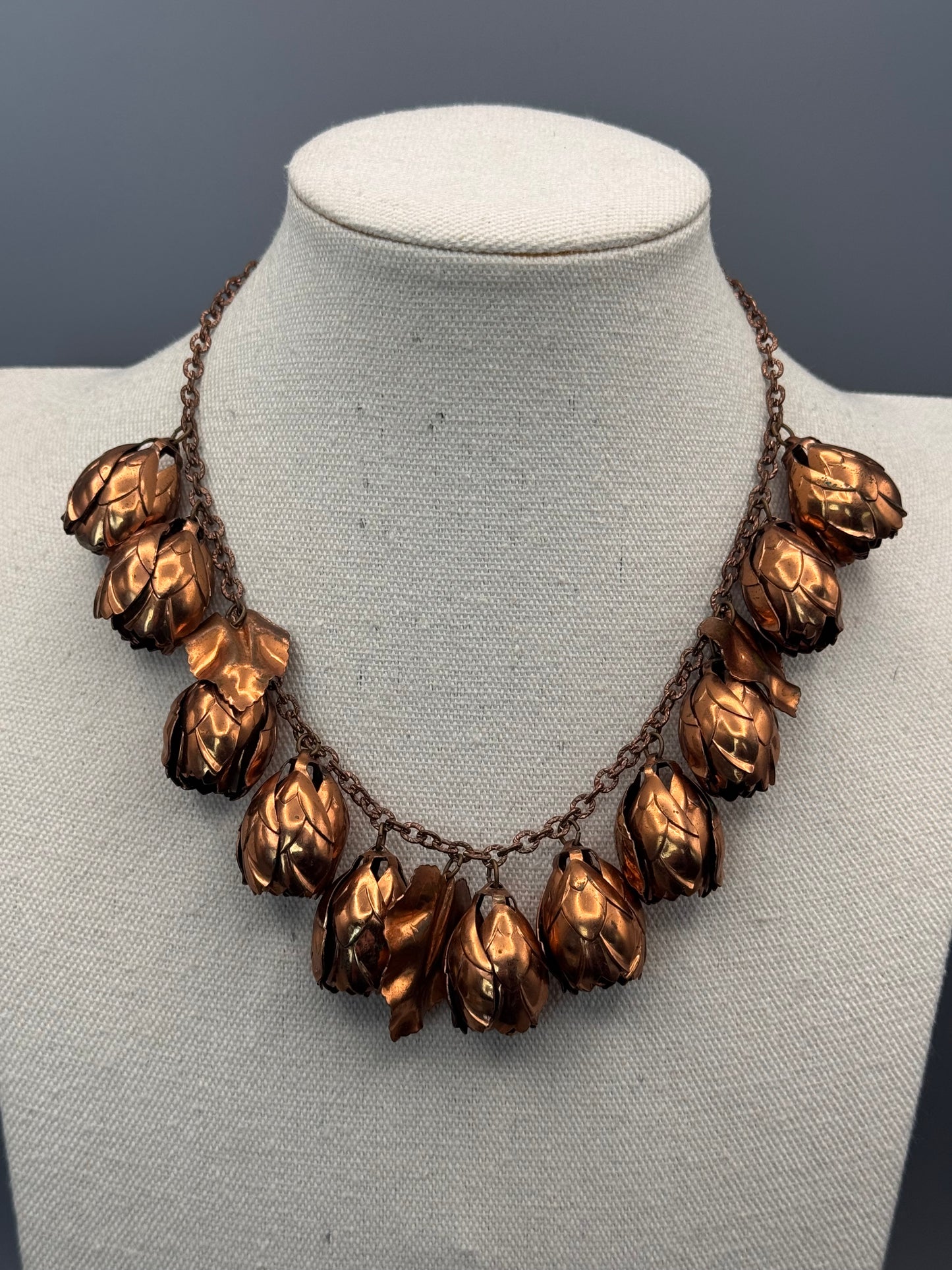 Vintage Copper Tone Floral Necklace Tulip Charm Statement 16”
