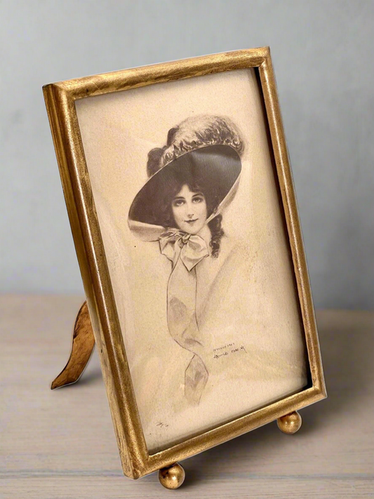 Antique Brass Frame Edwardian Print Lady 5.5” X 3.5” J. Knowles Hare Bowed Glass