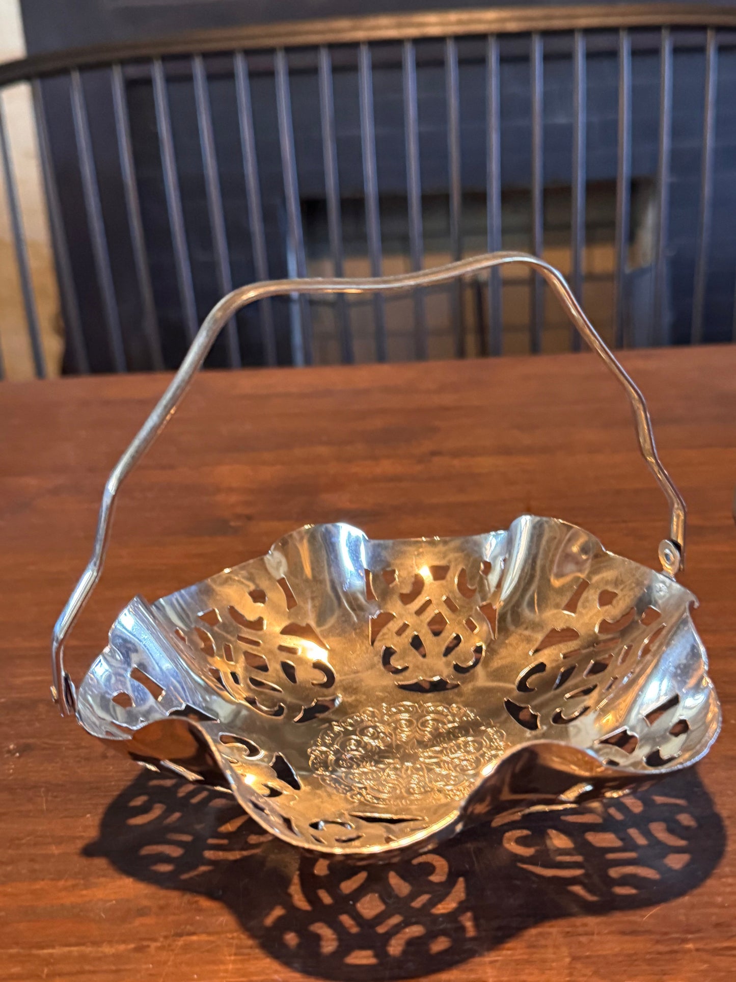 Silver Plate 
Basket Reticulated Chrome Handle 7.5” Vintage