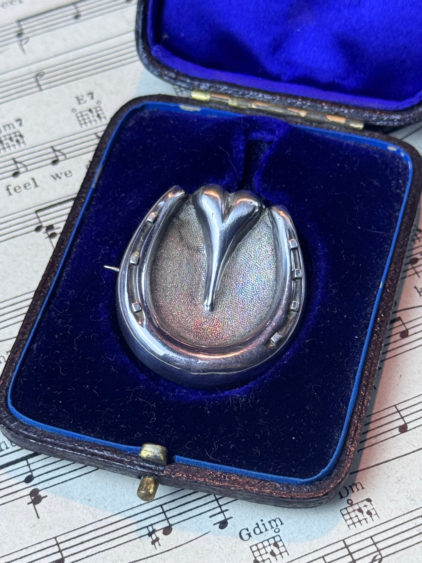 Antique Victorian Horseshoe Heart Brooch Unmarked Tested Silver 1.25” Lucky Pin
