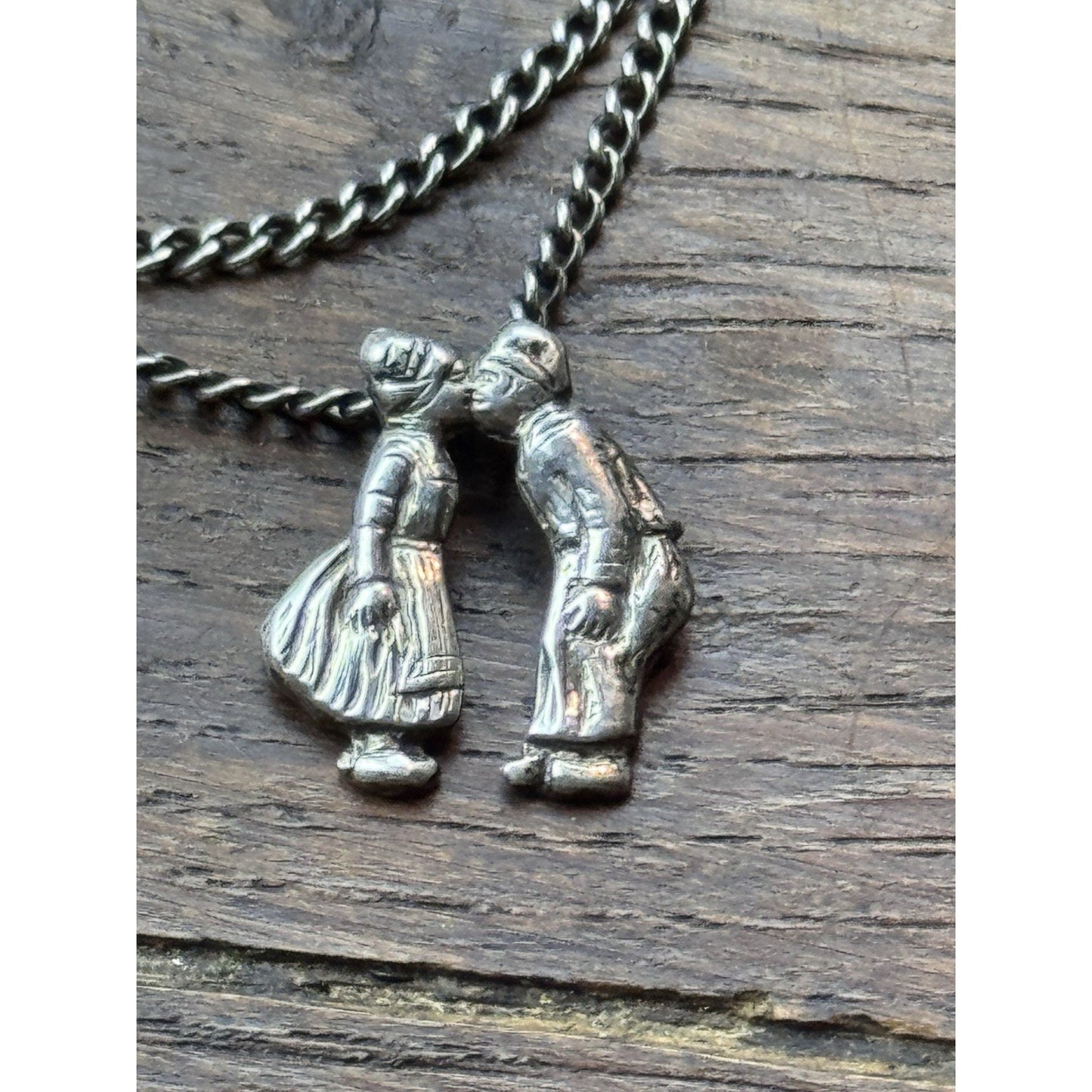 Vintage Dutch Dancers Chatelaine Brooch Silver Kissing Couple 1.38”