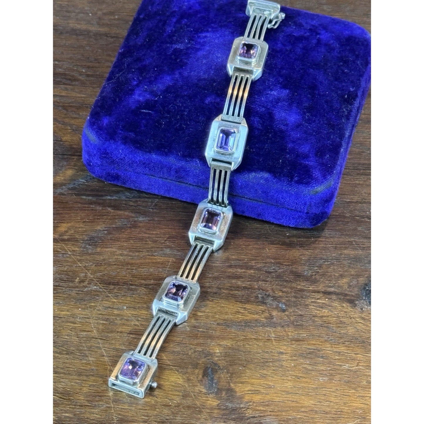 Vintage Sterling Silver Purple Stone Geometric Link Bracelet 6.5” Art Deco Style