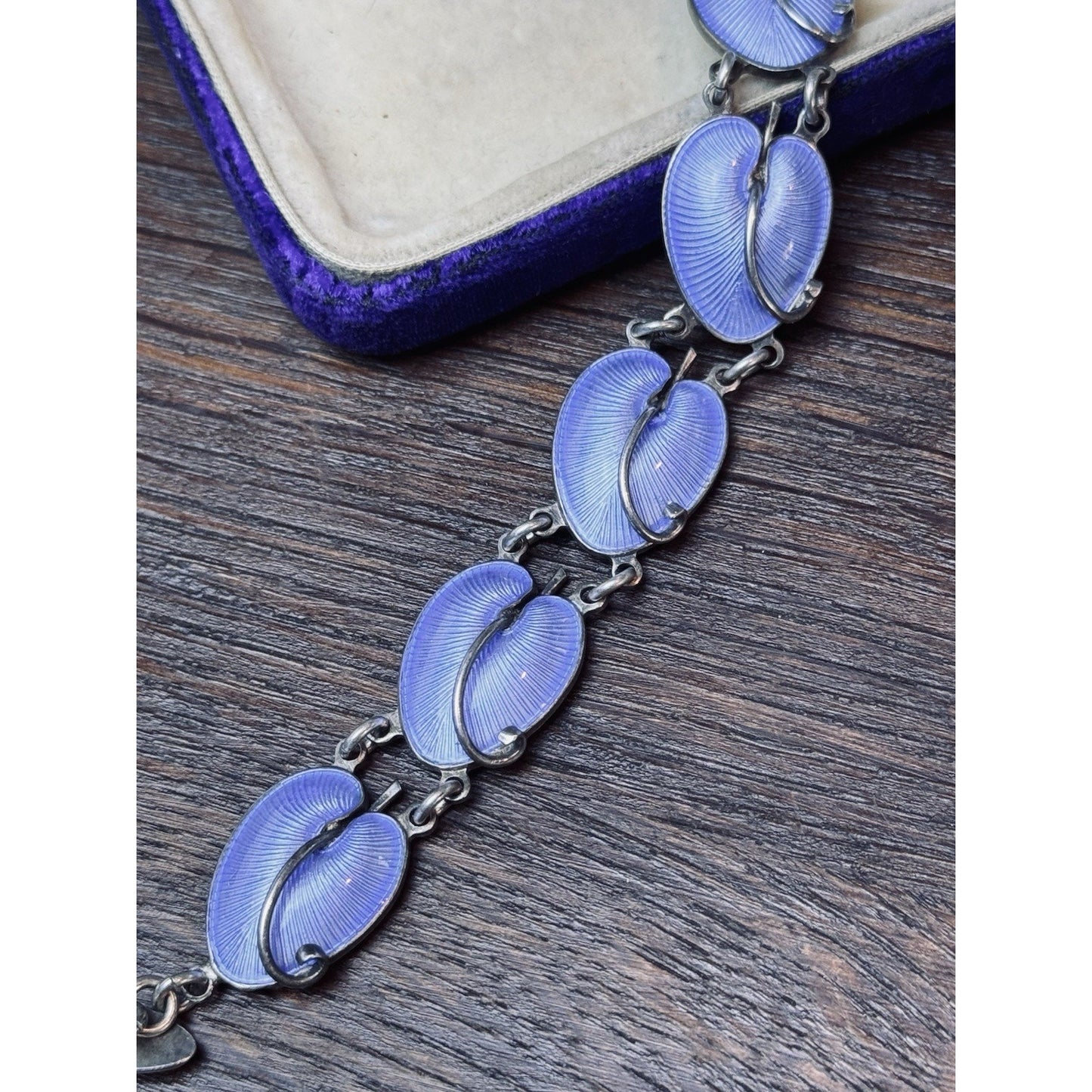 Volmer Bahner Sterling Silver Lavender Blue Guilloché Lily Pad Bracelet 7”