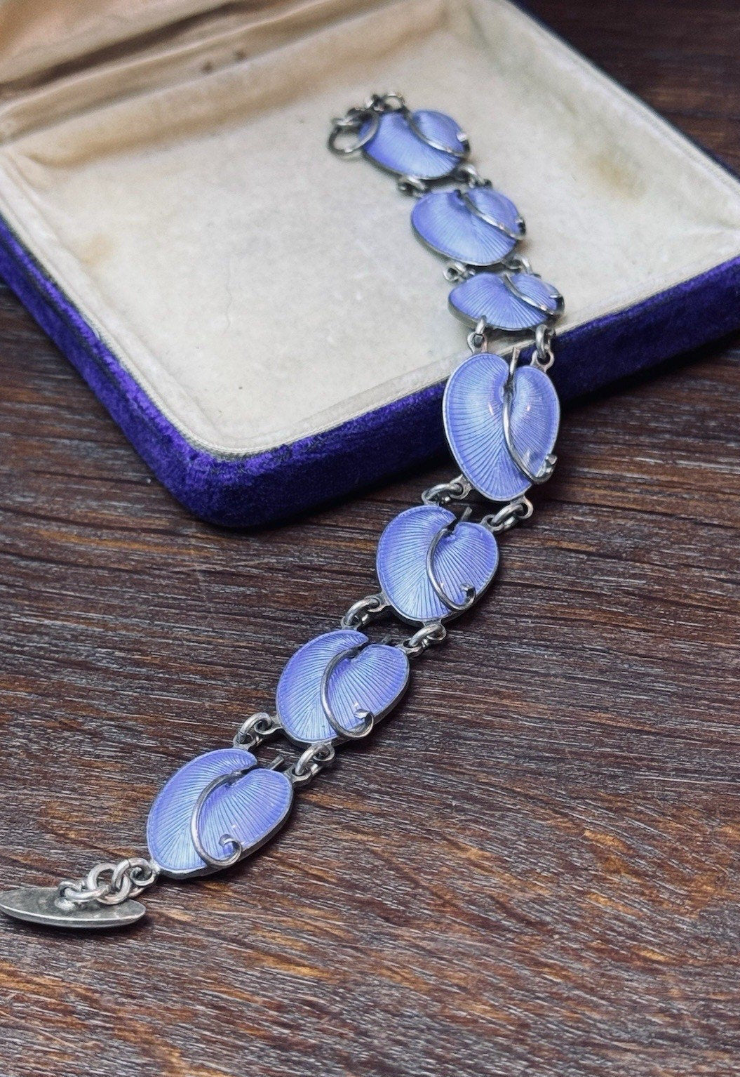 Volmer Bahner Sterling Silver Lavender Blue Guilloché Lily Pad Bracelet 7”