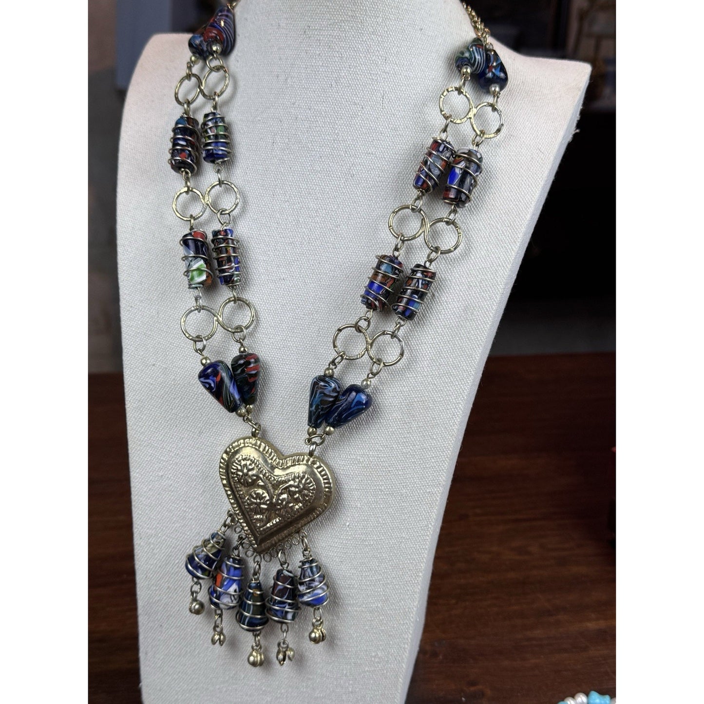 Millefiori Glass Necklace Double Strand Heart Pendant Artisan Statement 23.5”