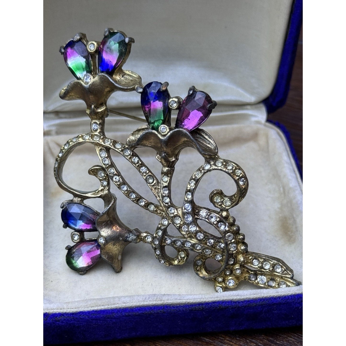 Vintage Brooch Pot Metal Floral Iris Watermelon Rhinestone Clear Paste Pin 3.75”