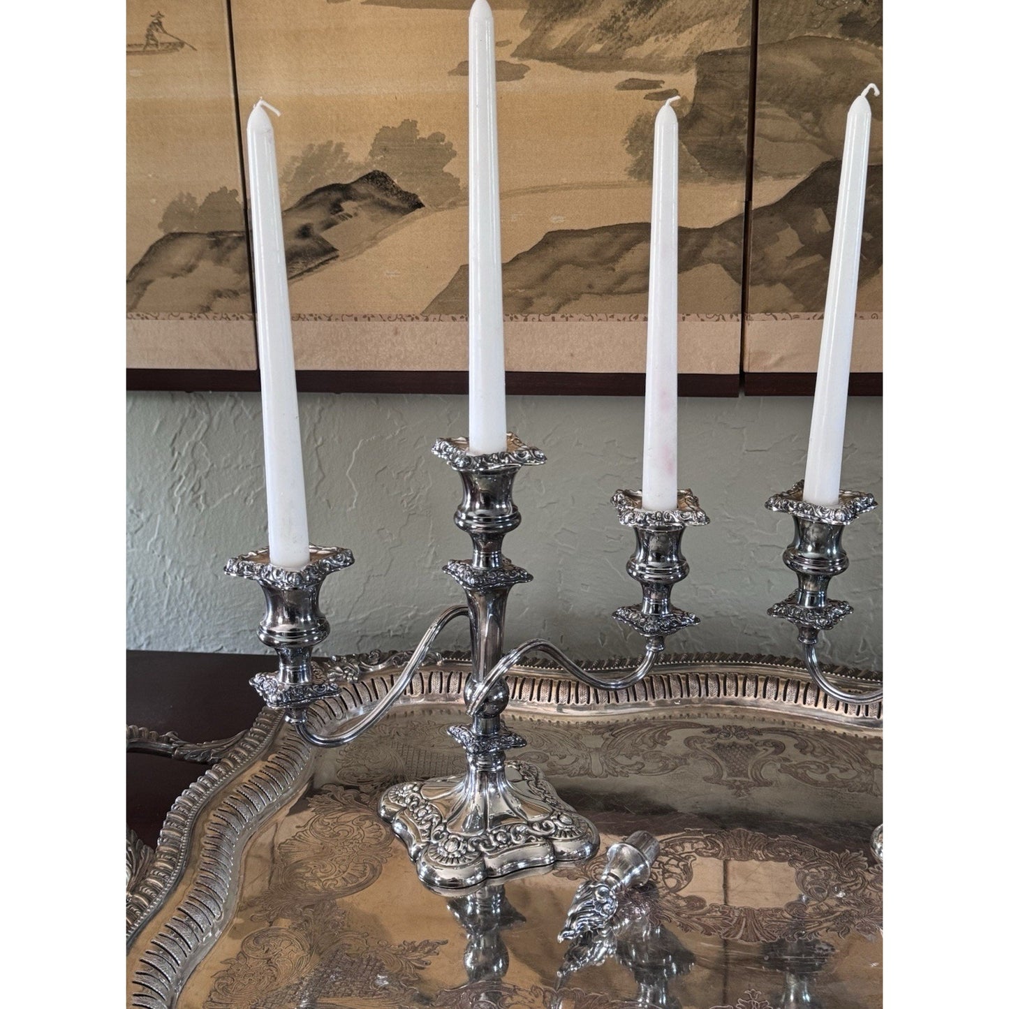 Antique Style Repousse Candelabra Pair Silverplate 3 Light W Snuffers 11”